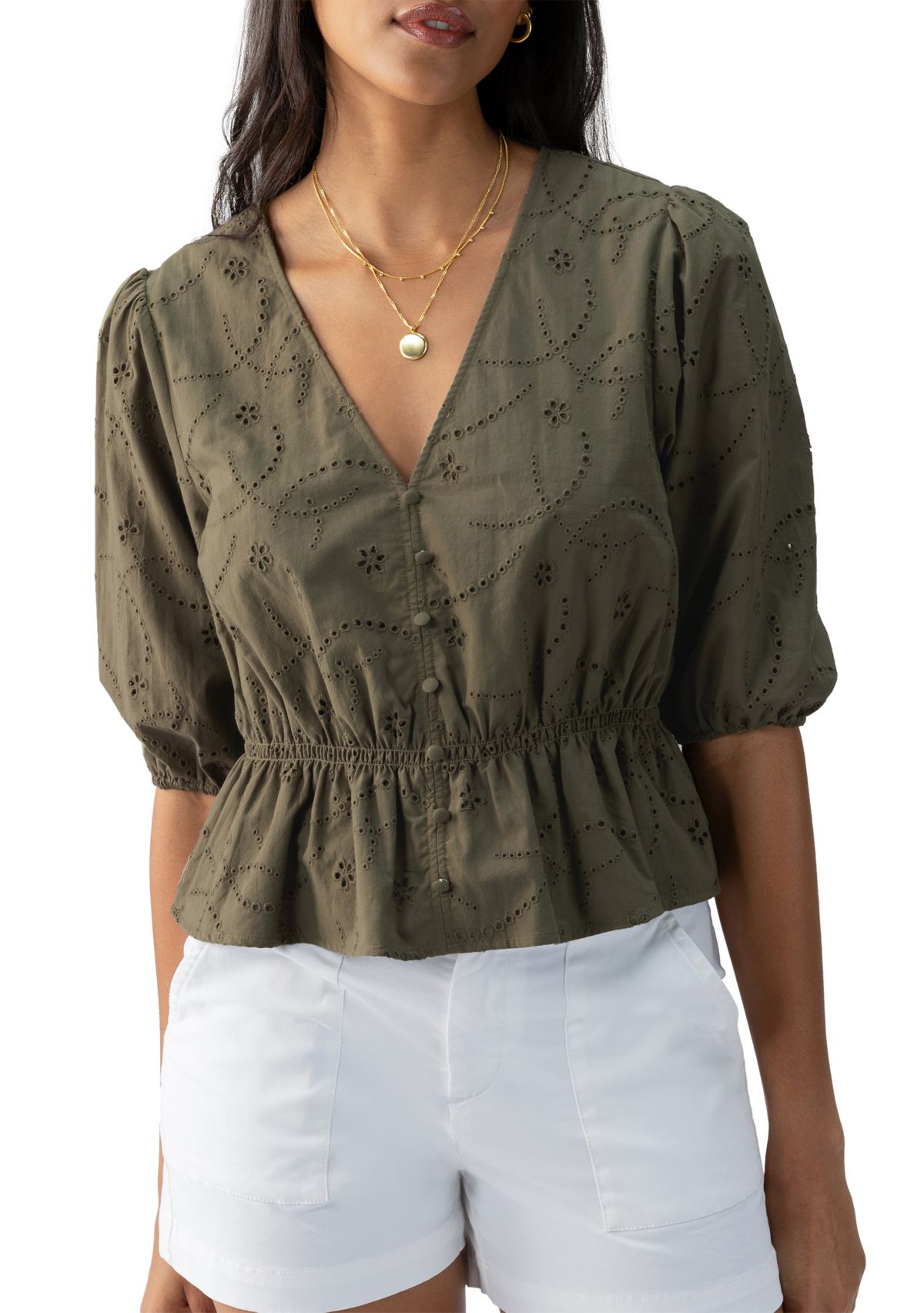   Womens Eyelet Button Front Blouse 