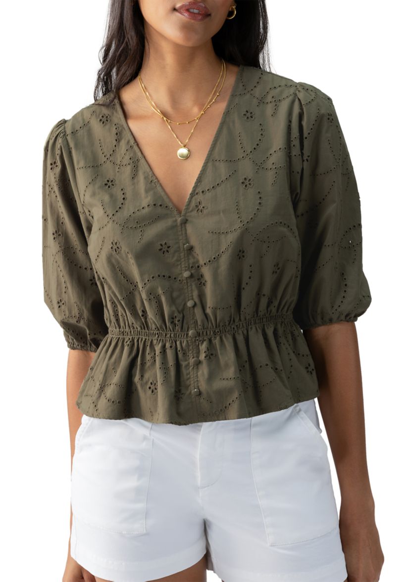   Womens Eyelet Button Front Blouse 