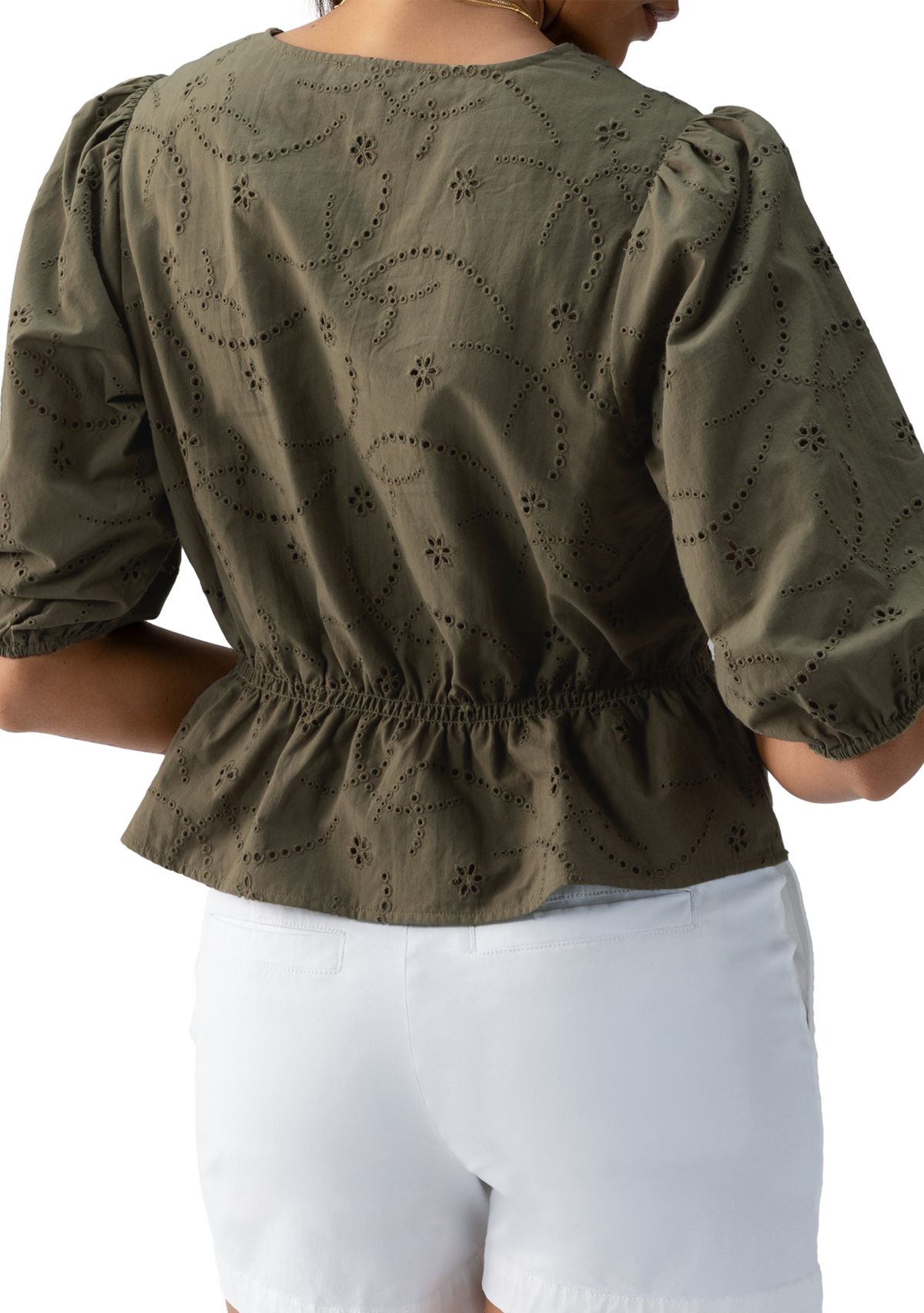   Womens Eyelet Button Front Blouse 