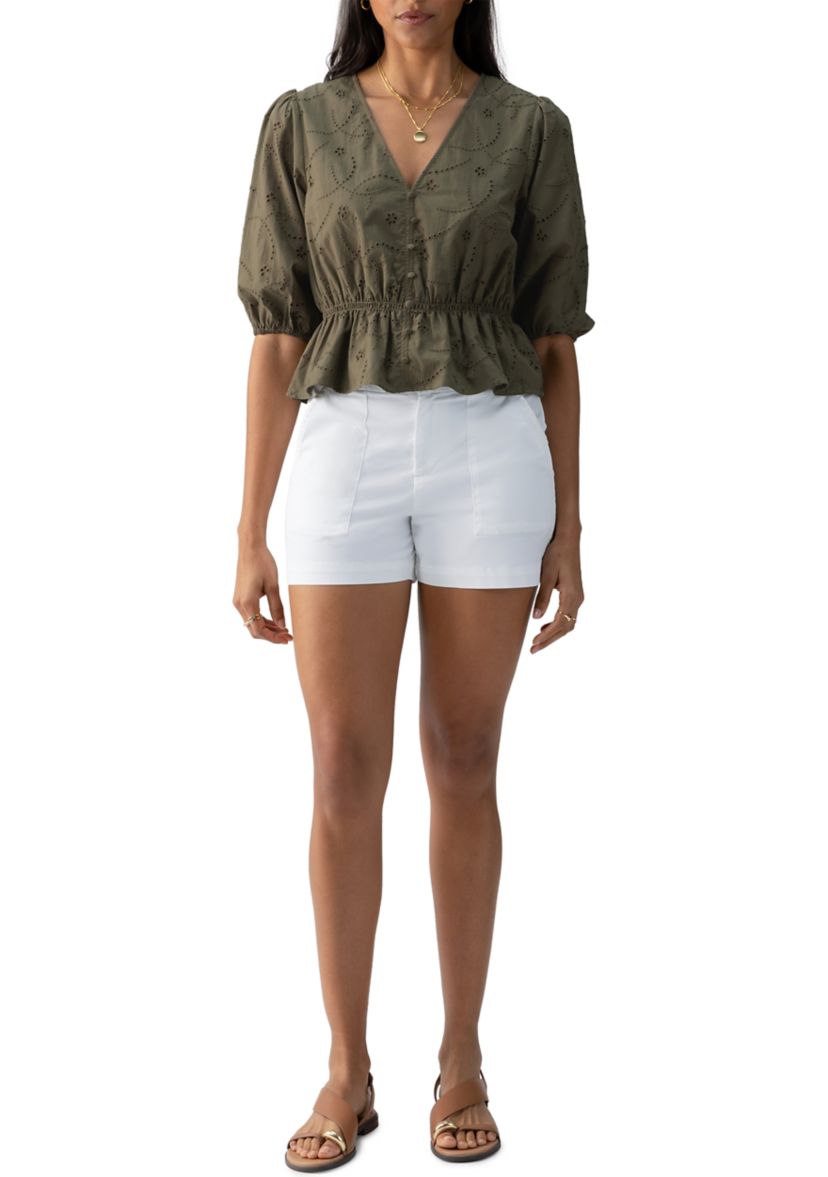   Womens Eyelet Button Front Blouse 