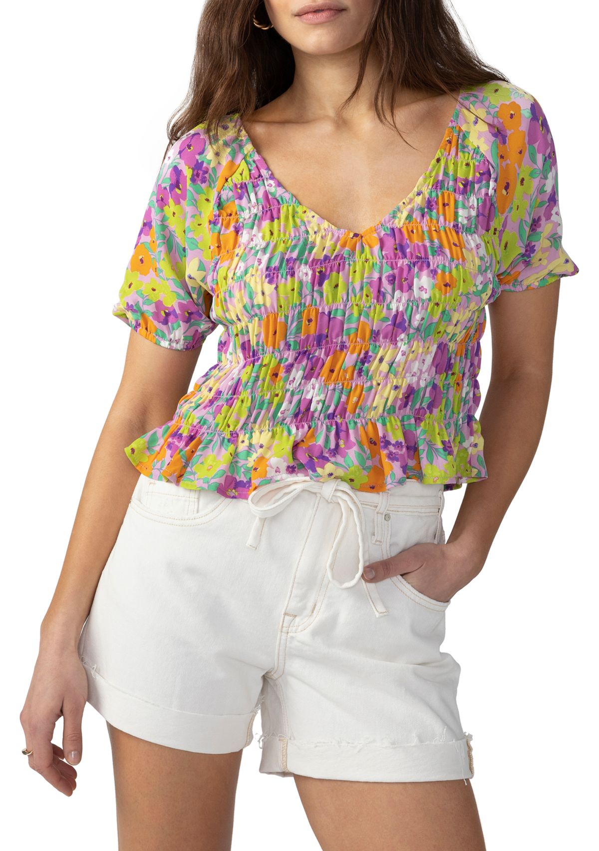 Womens V-Neck Smocked Top 