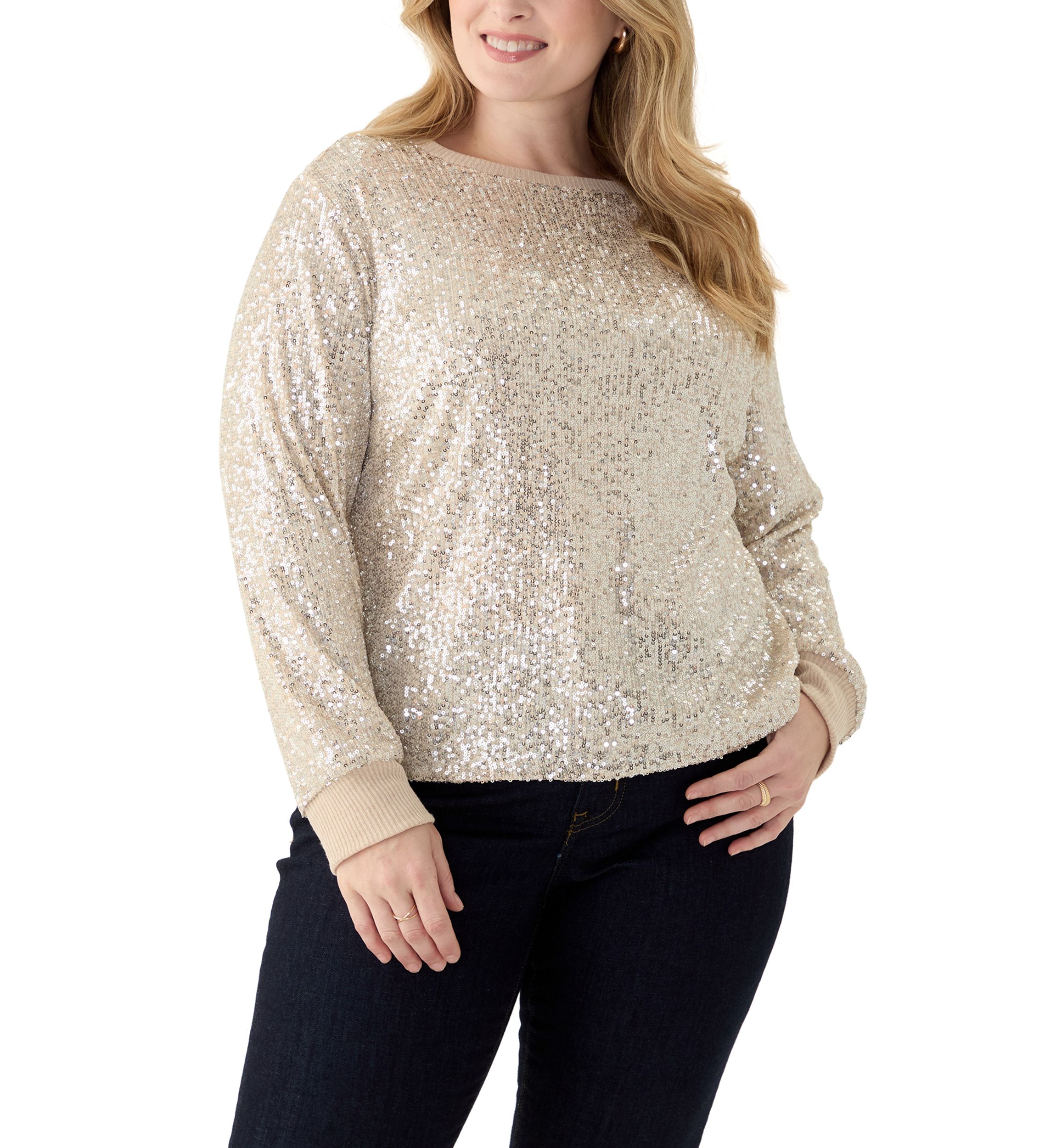 Plus Size Long Sleeve Sequin Top with Rib Cuff and Neckline