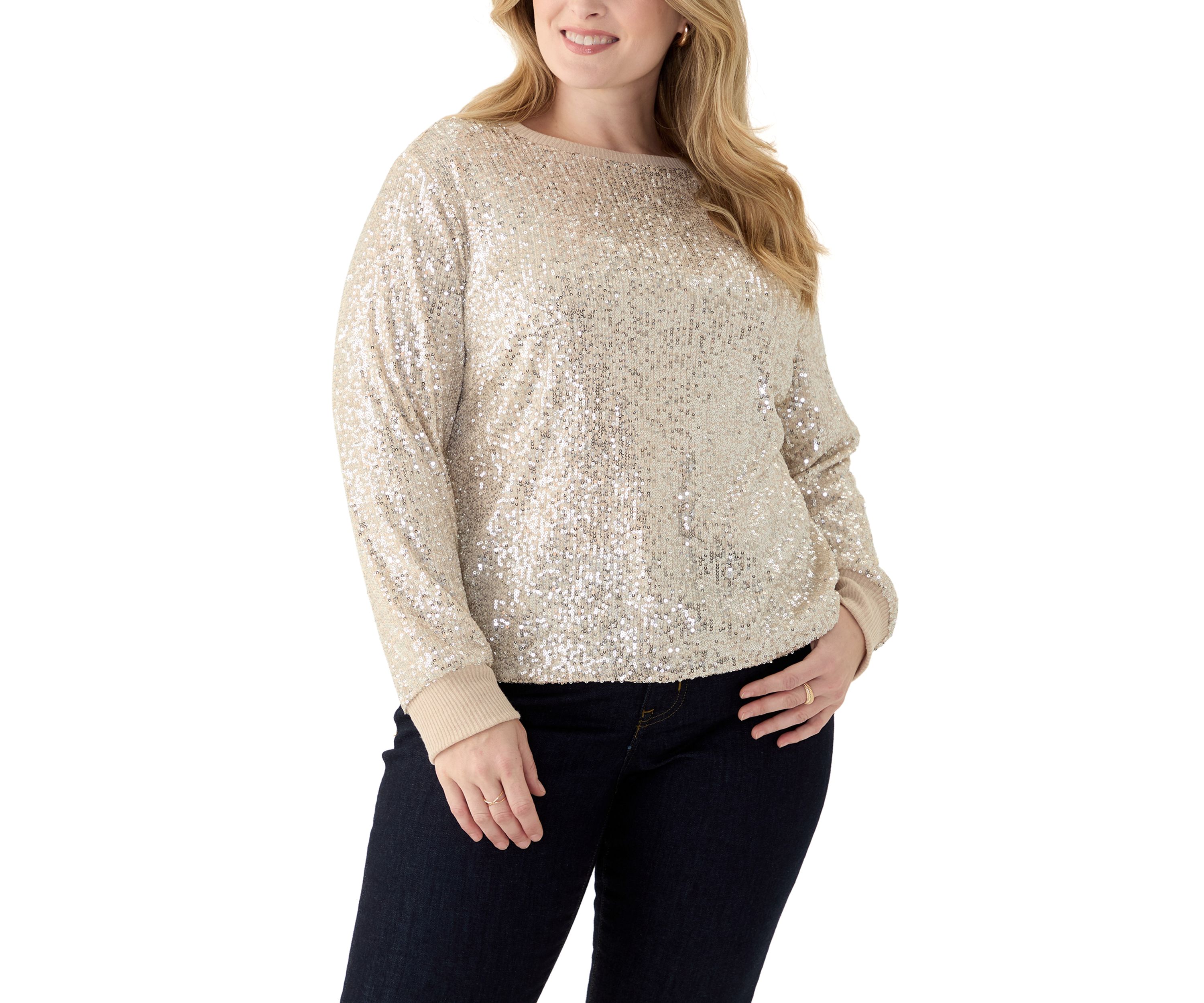 Plus Size Long Sleeve Sequin Top with Rib Cuff and Neckline