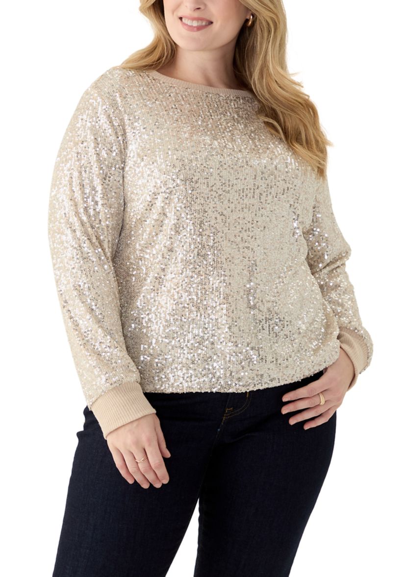 Plus Size Long Sleeve Sequin Top with Rib Cuff and Neckline