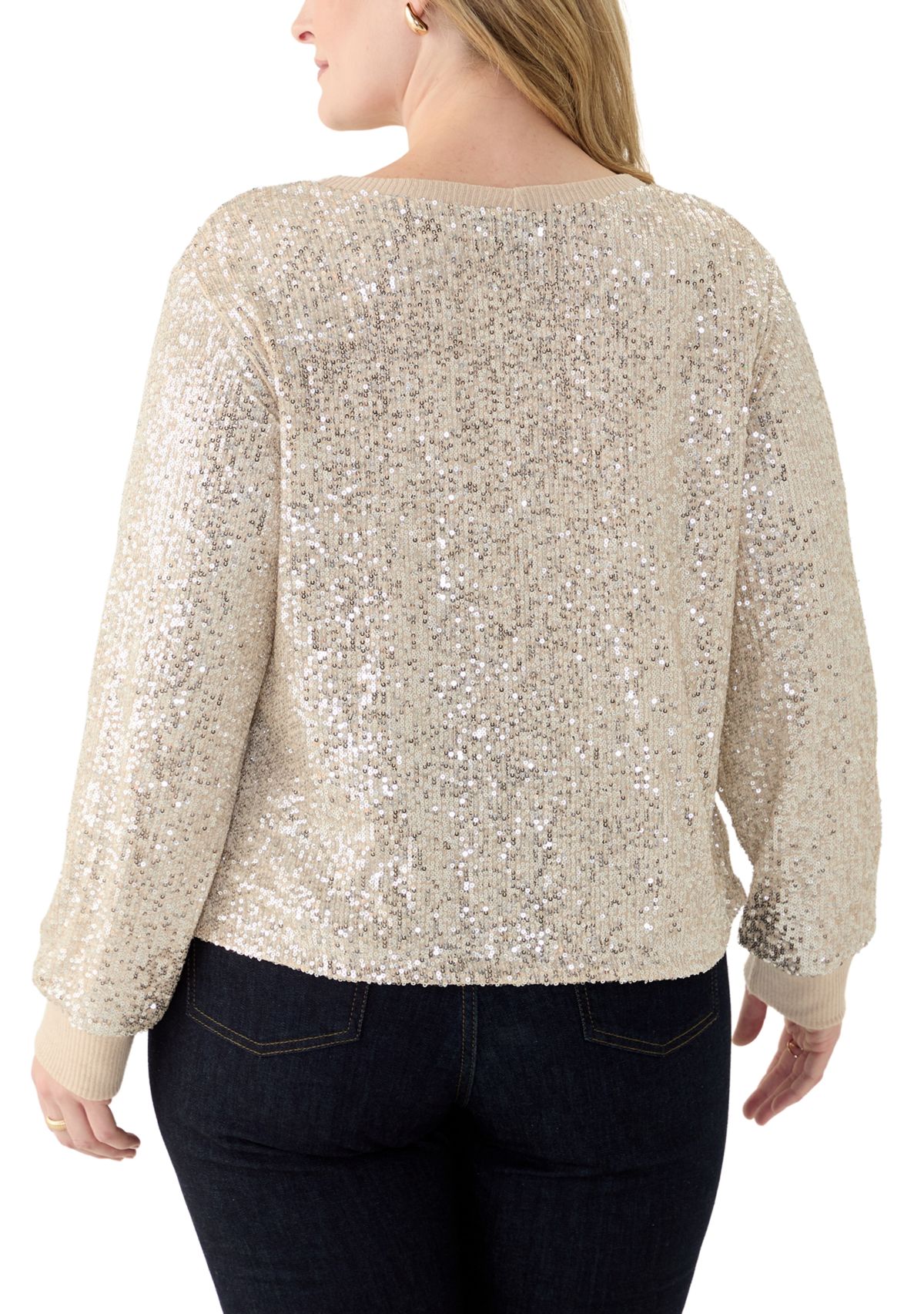 Plus Size Long Sleeve Sequin Top with Rib Cuff and Neckline