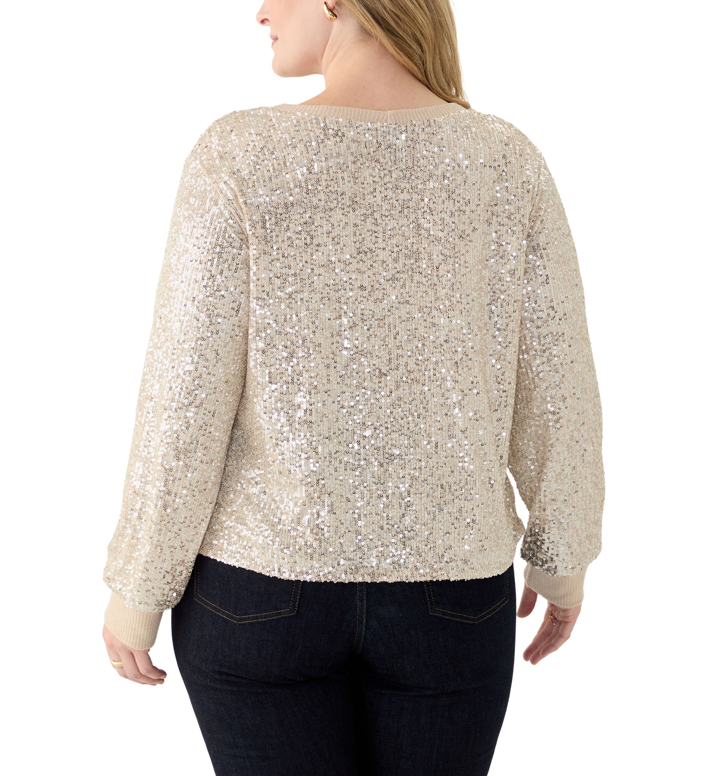 Plus Size Long Sleeve Sequin Top with Rib Cuff and Neckline