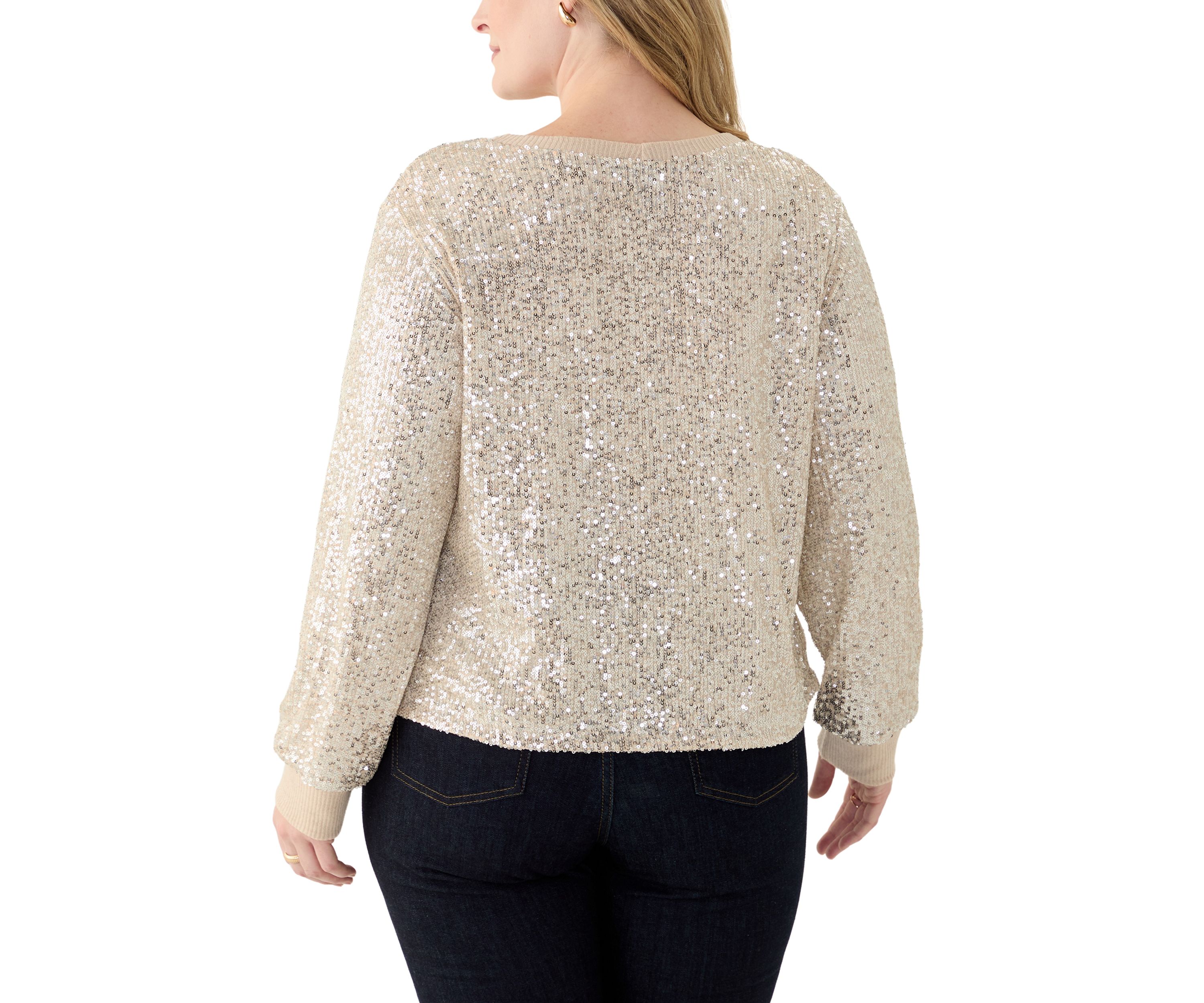 Plus Size Long Sleeve Sequin Top with Rib Cuff and Neckline
