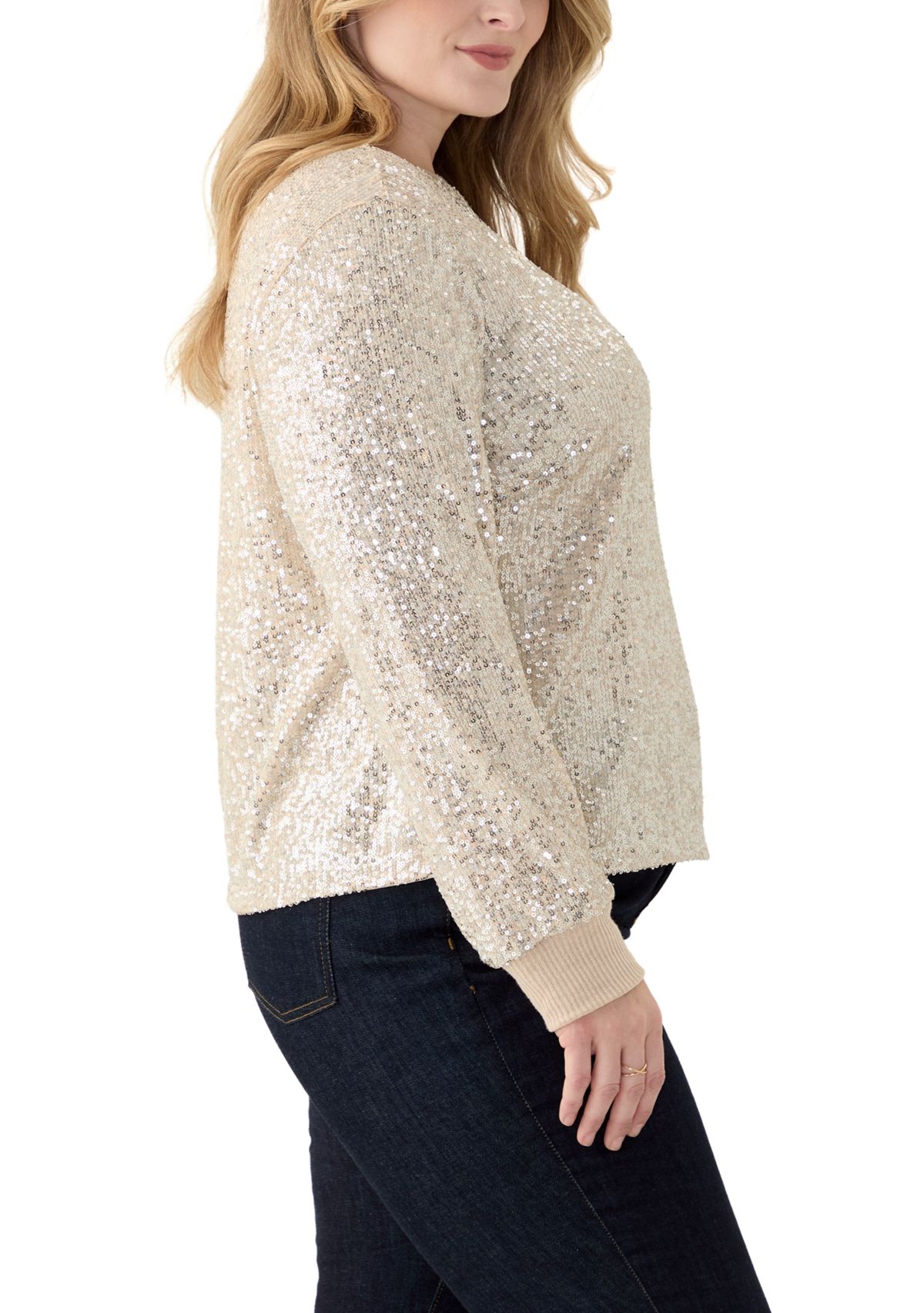 Plus Size Long Sleeve Sequin Top with Rib Cuff and Neckline