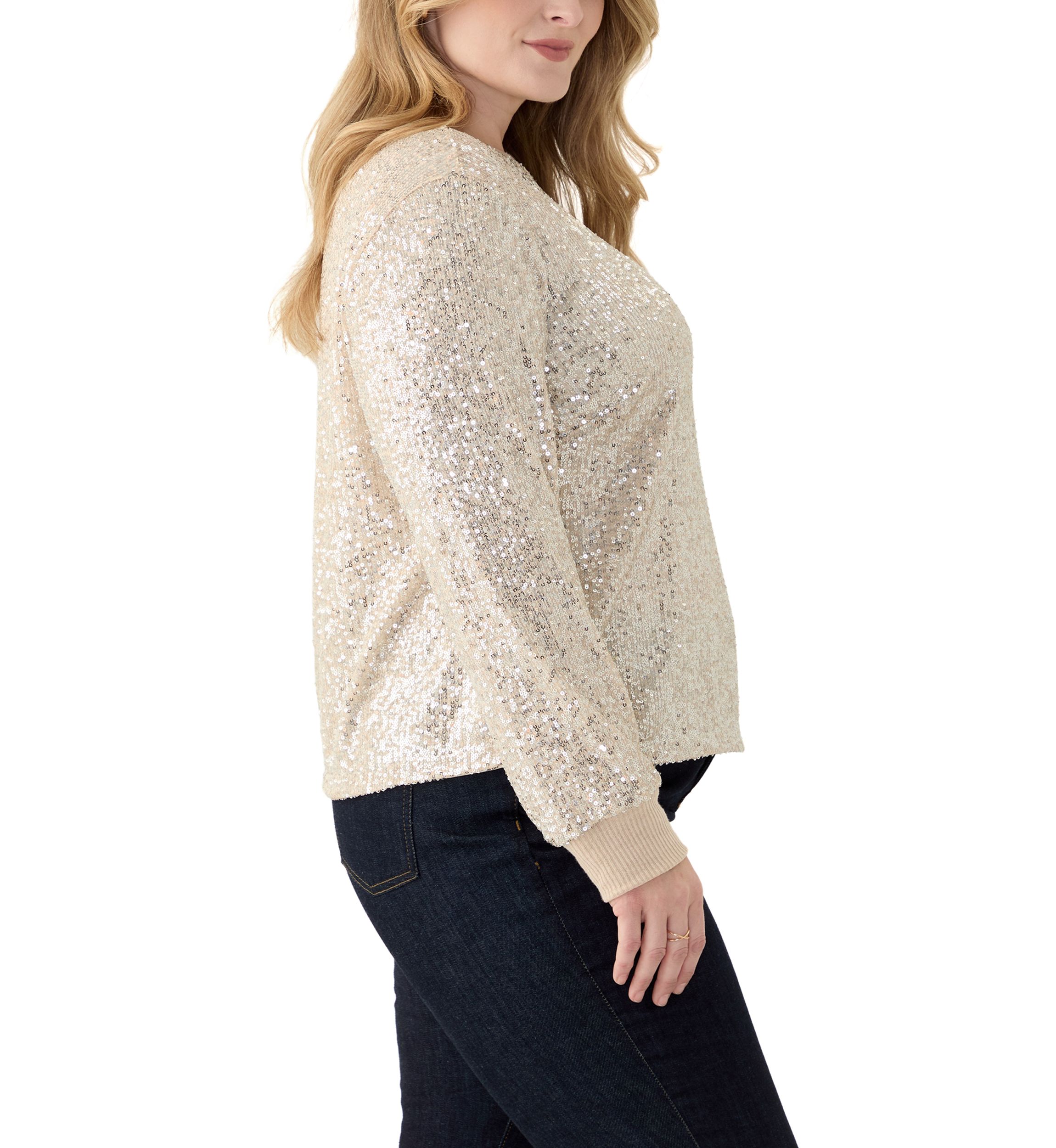 Plus Size Long Sleeve Sequin Top with Rib Cuff and Neckline