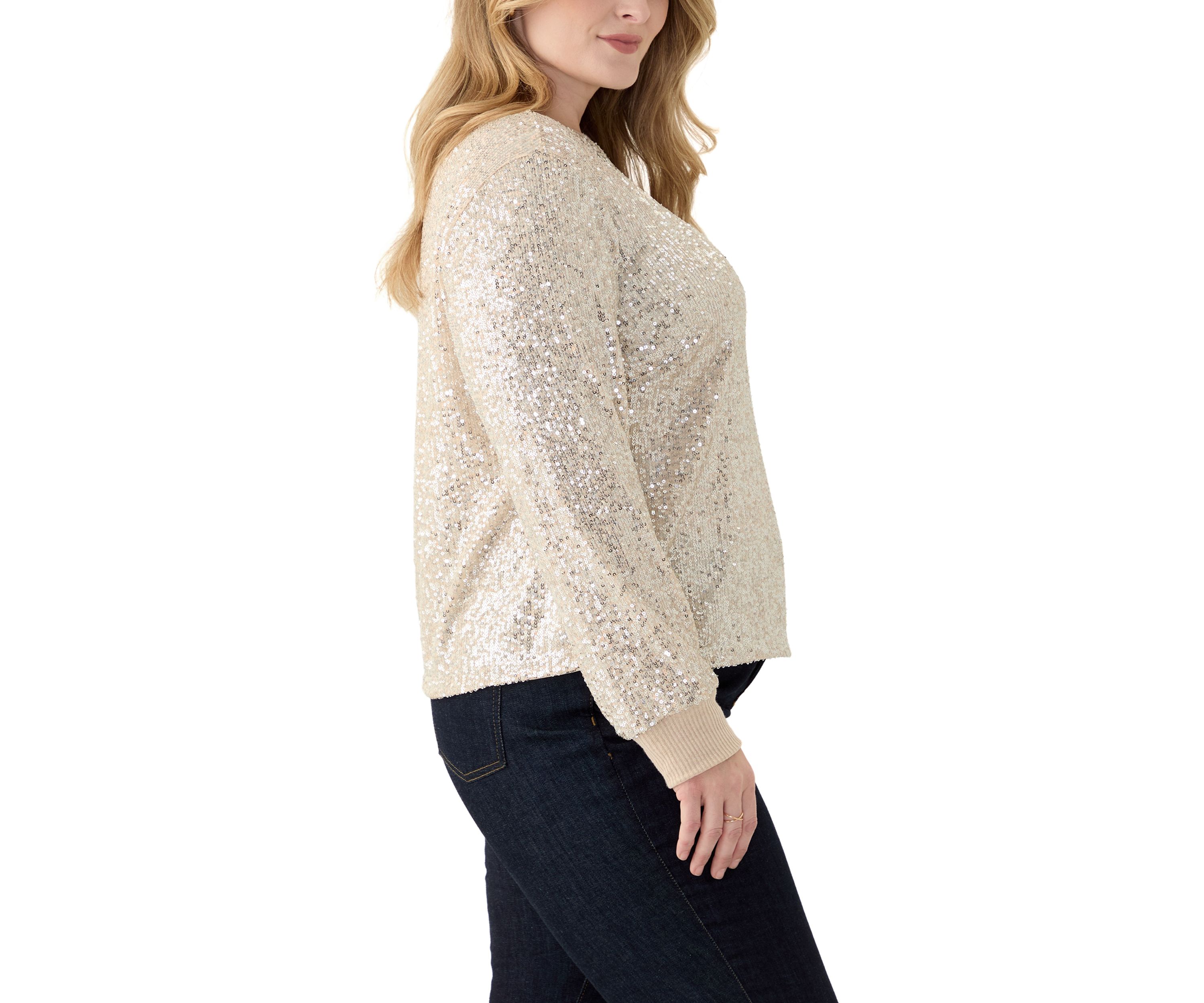 Plus Size Long Sleeve Sequin Top with Rib Cuff and Neckline