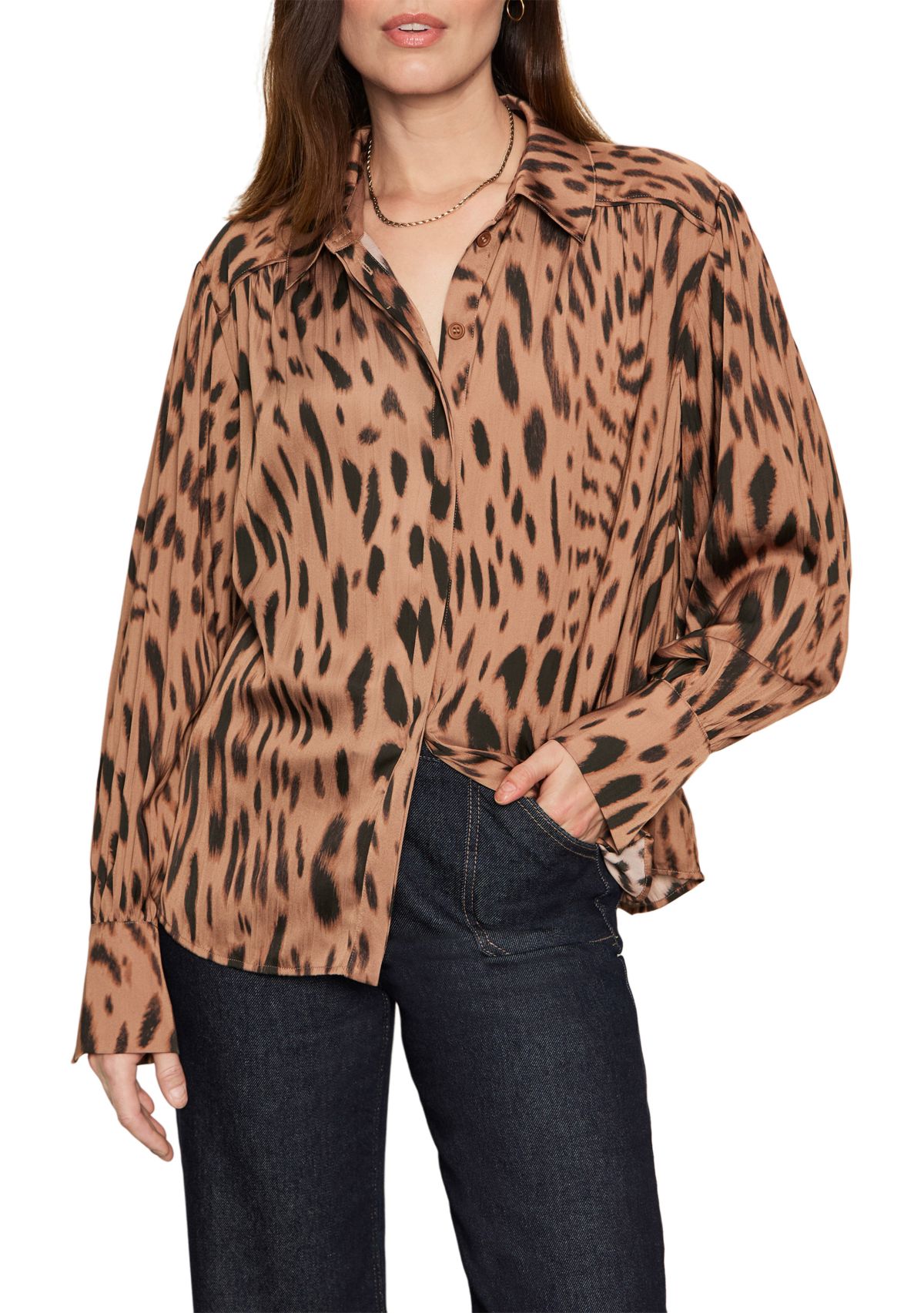 Womens Rebel Long Sleeve Button Front Animal Print Blouse
