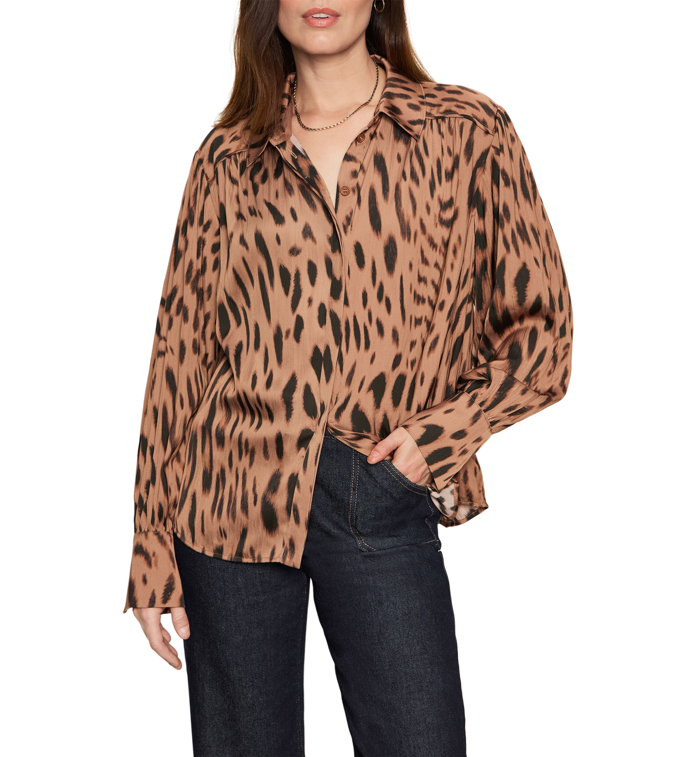 Womens Rebel Long Sleeve Button Front Animal Print Blouse