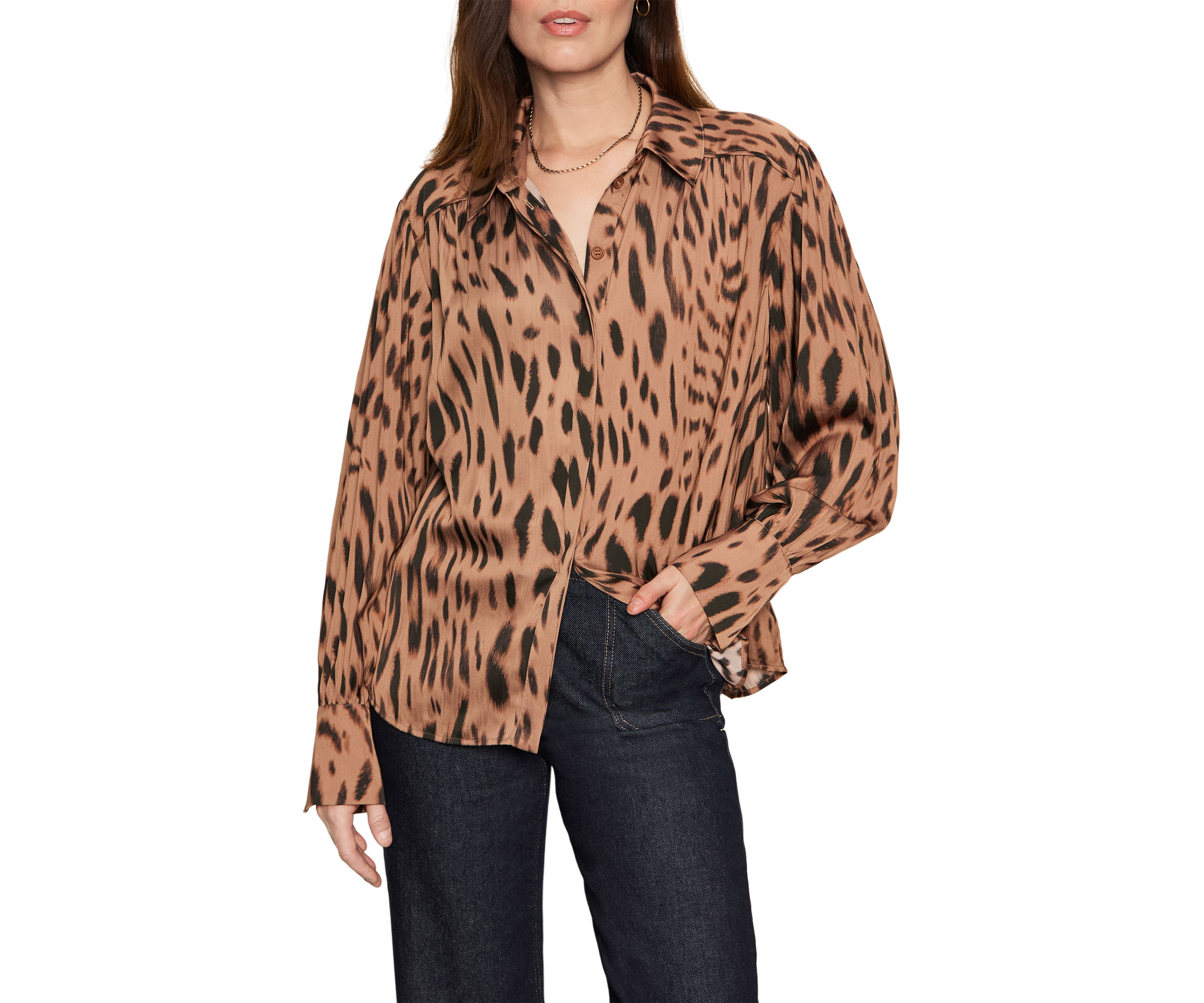 Womens Rebel Long Sleeve Button Front Animal Print Blouse