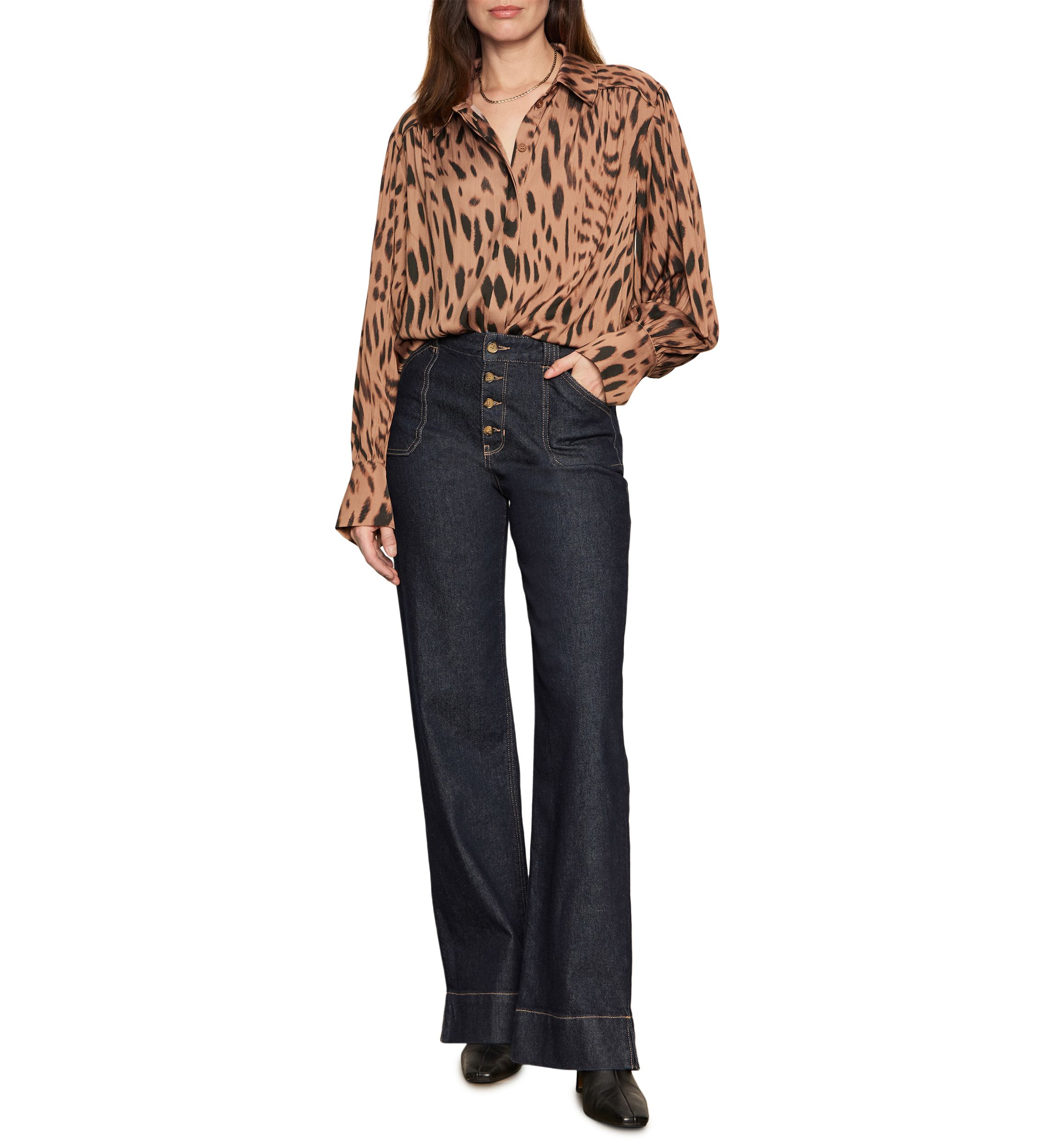Womens Rebel Long Sleeve Button Front Animal Print Blouse