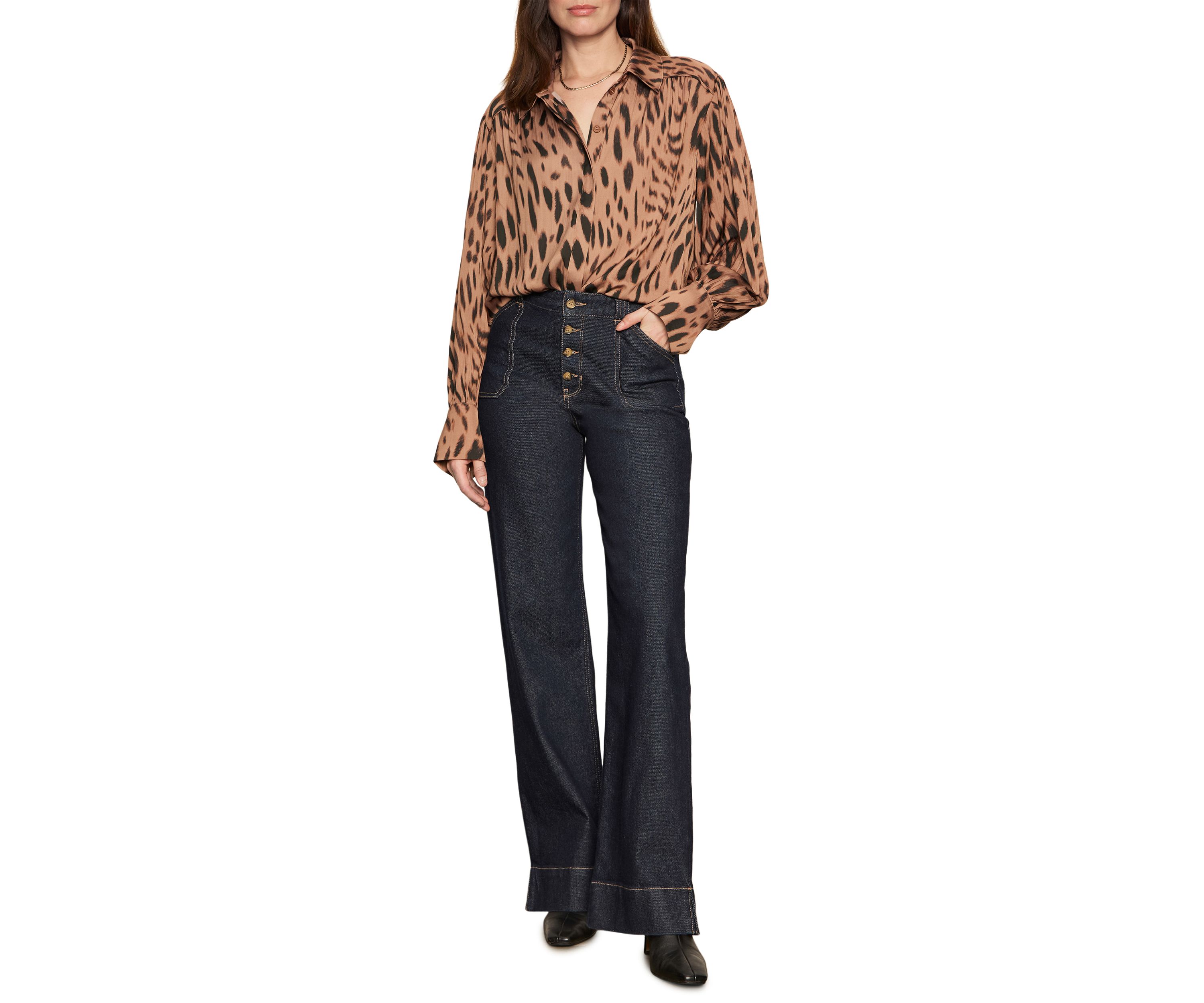 Womens Rebel Long Sleeve Button Front Animal Print Blouse