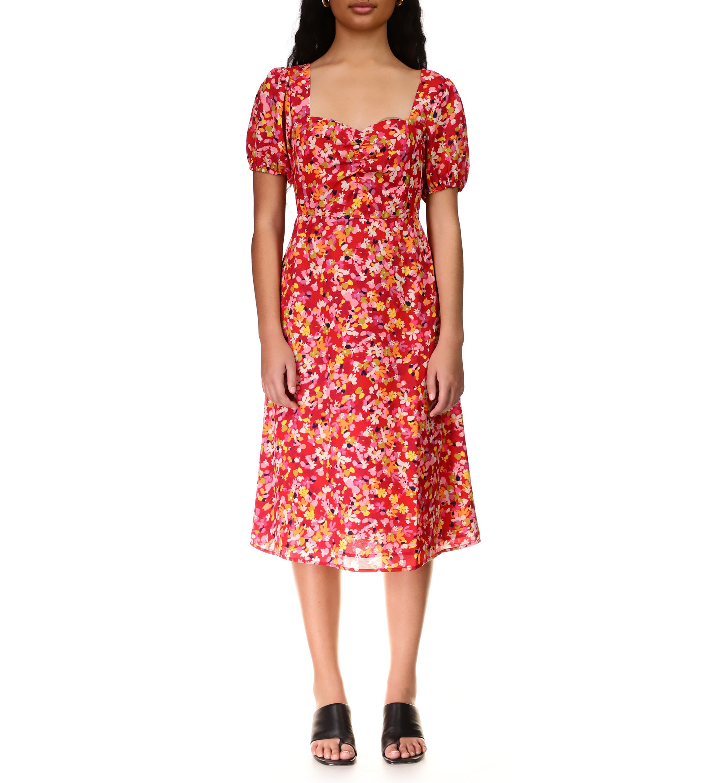 Womens Puff Sleeve Sweetheart Floral Midi Dress