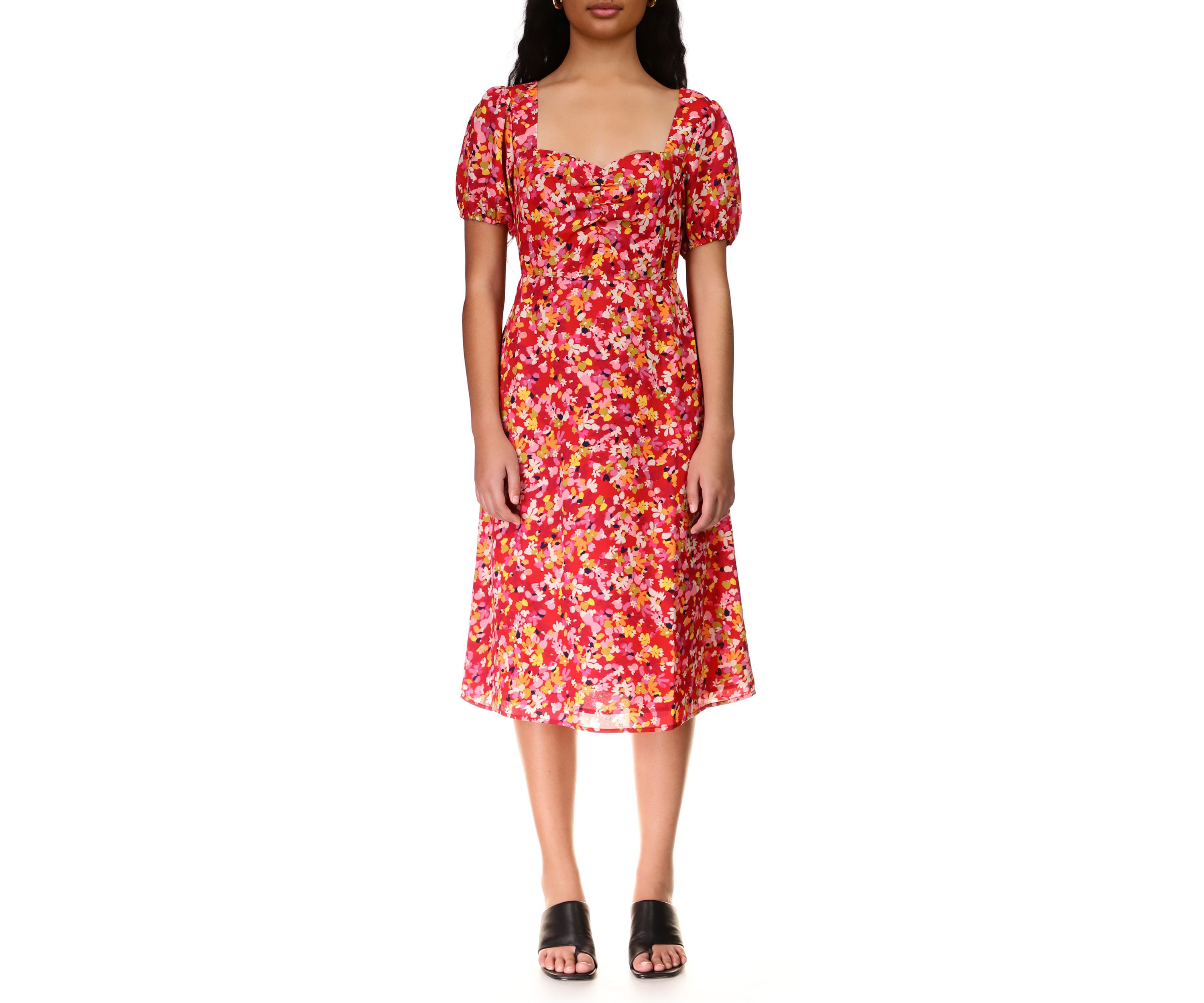 Womens Puff Sleeve Sweetheart Floral Midi Dress