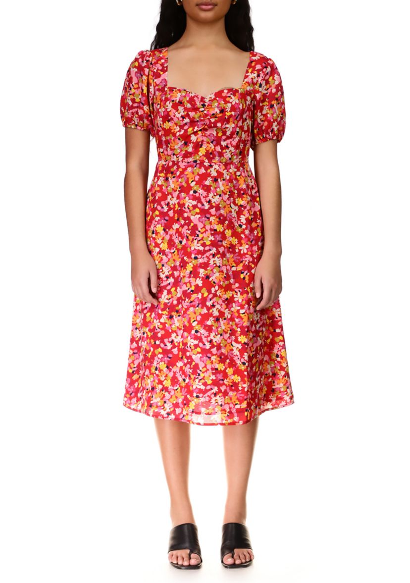 Womens Puff Sleeve Sweetheart Floral Midi Dress