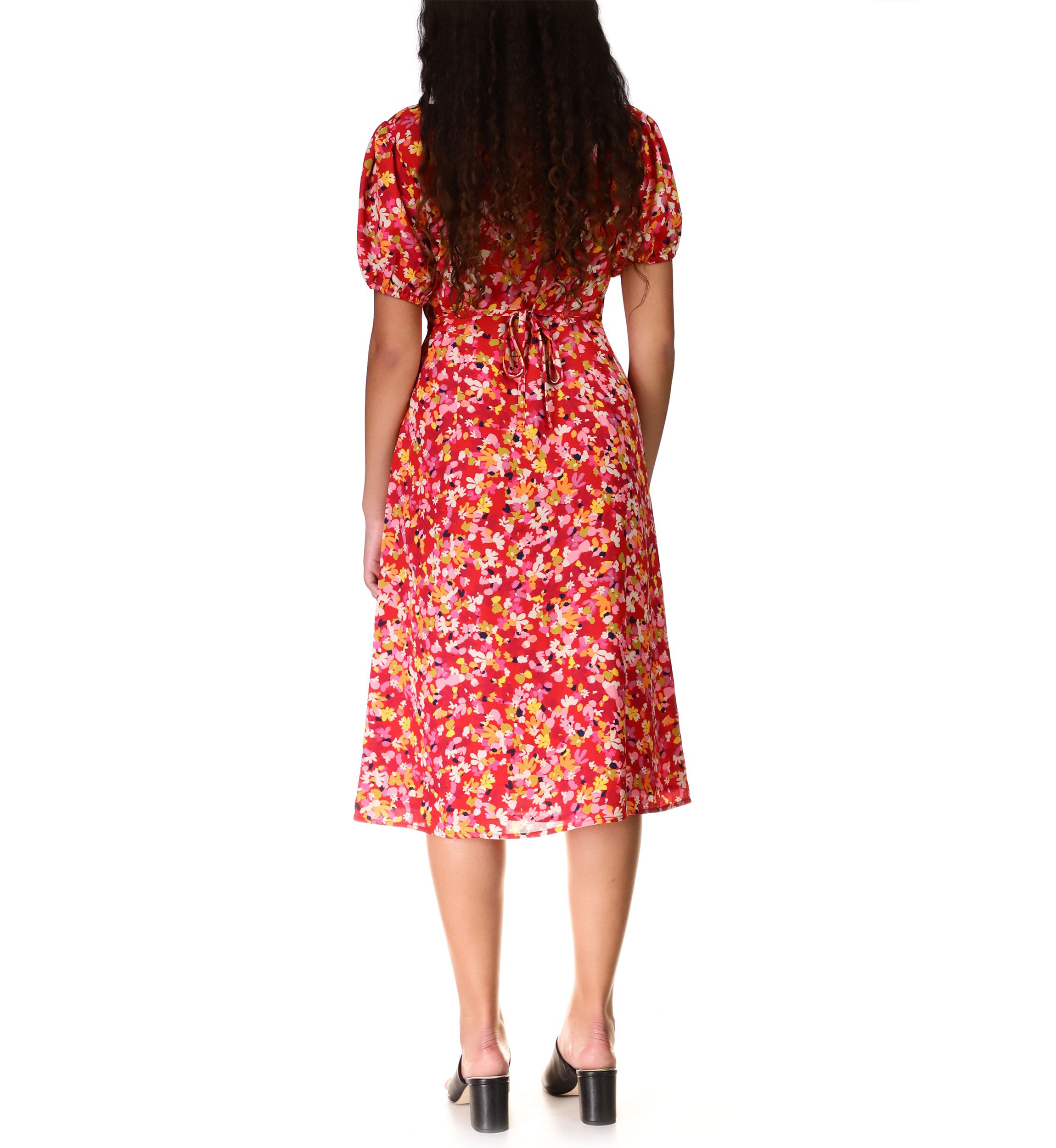 Womens Puff Sleeve Sweetheart Floral Midi Dress