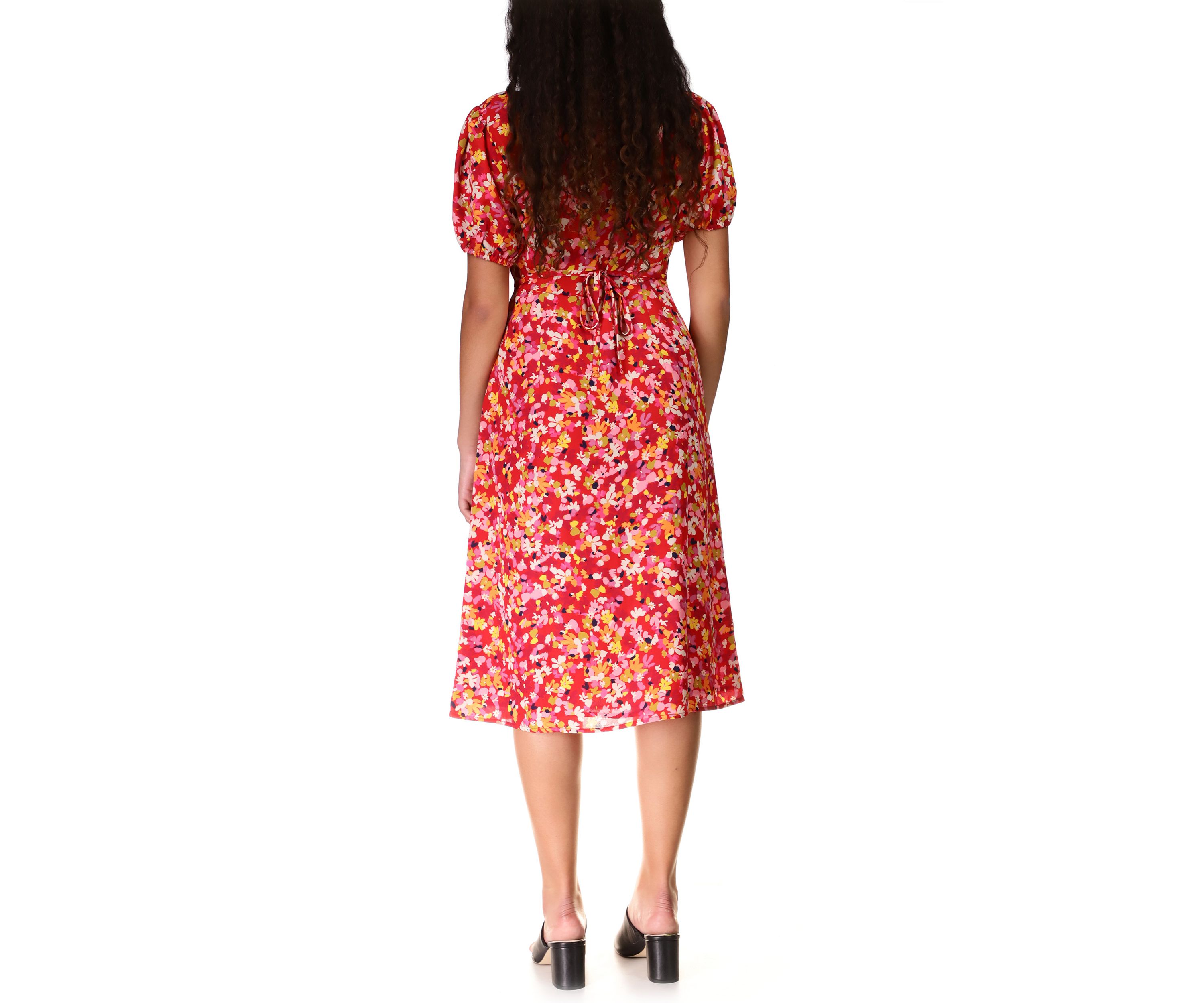 Womens Puff Sleeve Sweetheart Floral Midi Dress