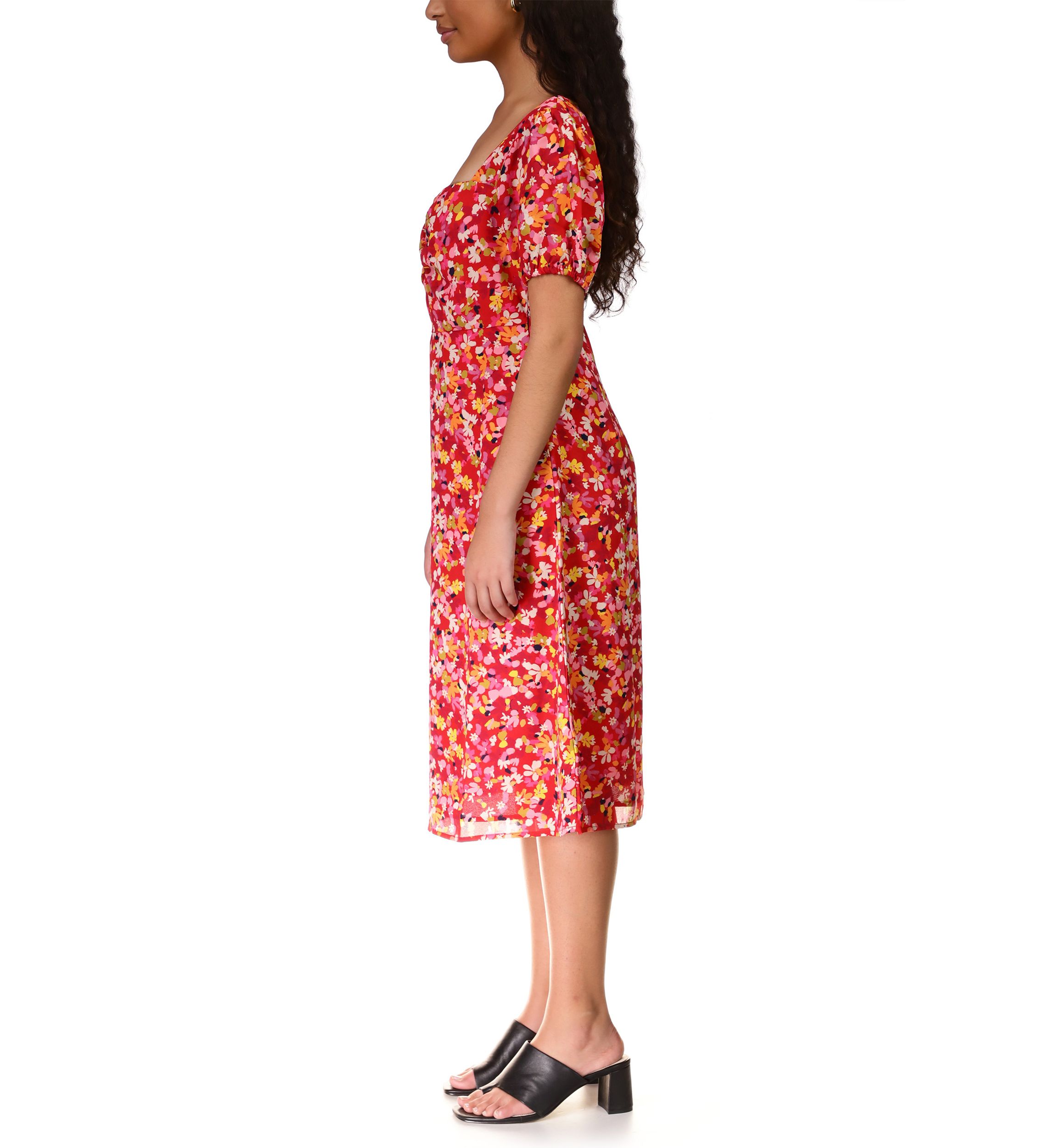 Womens Puff Sleeve Sweetheart Floral Midi Dress