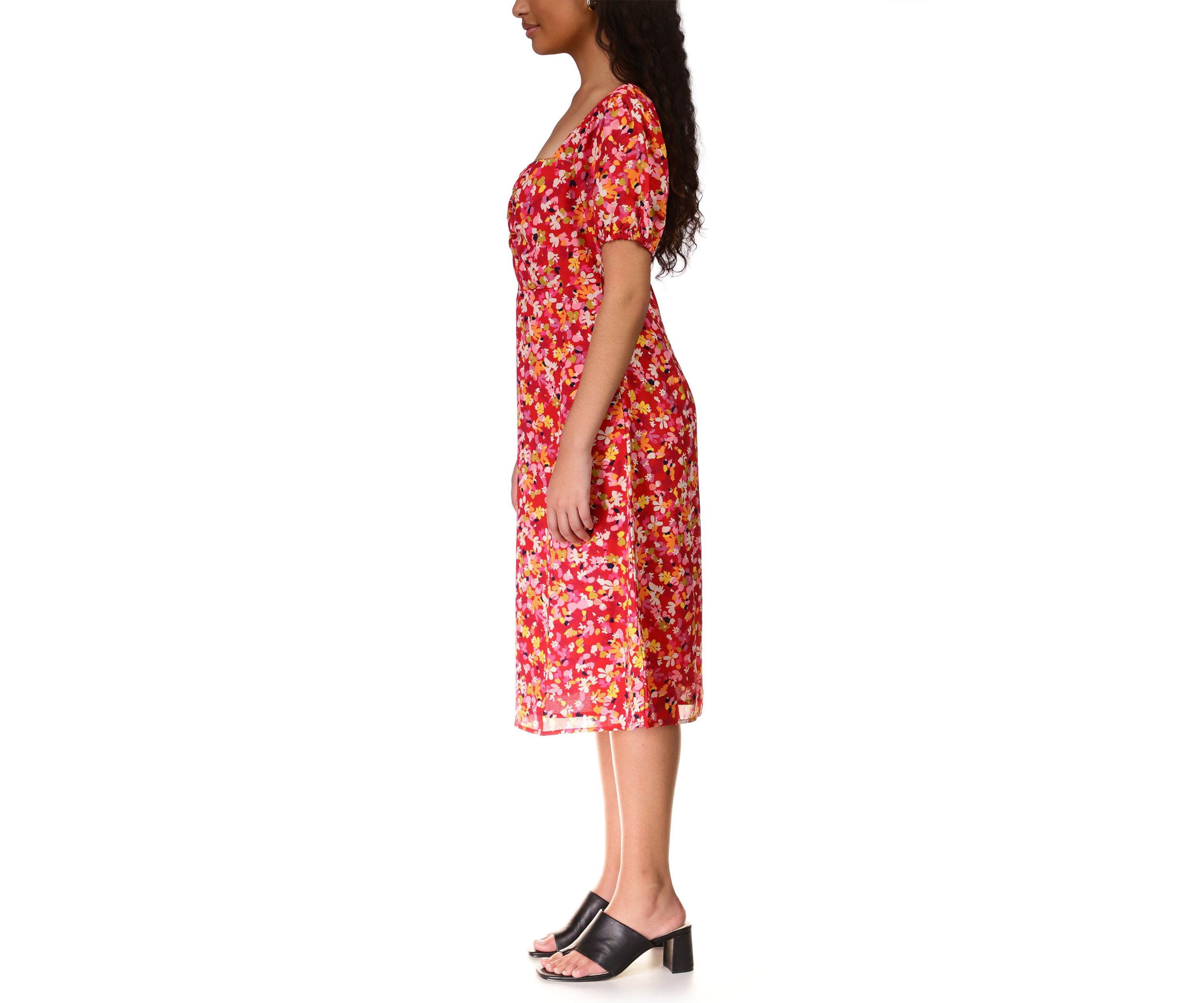 Womens Puff Sleeve Sweetheart Floral Midi Dress