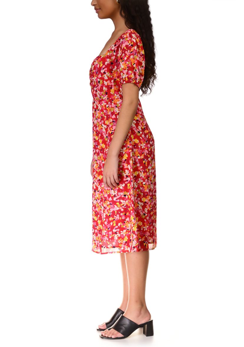 Womens Puff Sleeve Sweetheart Floral Midi Dress