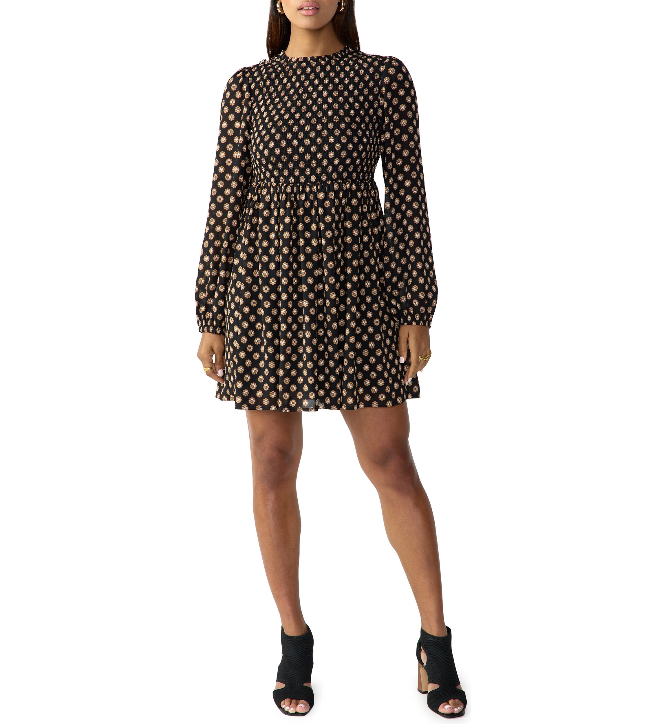 Womens Smocked Printed Babydoll Dress