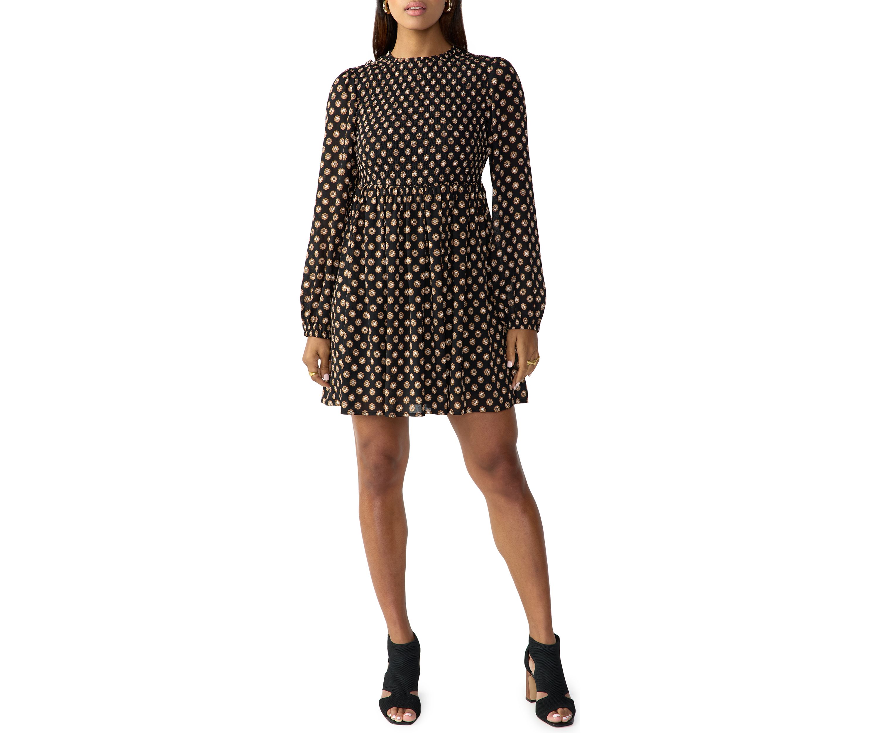 Womens Smocked Printed Babydoll Dress
