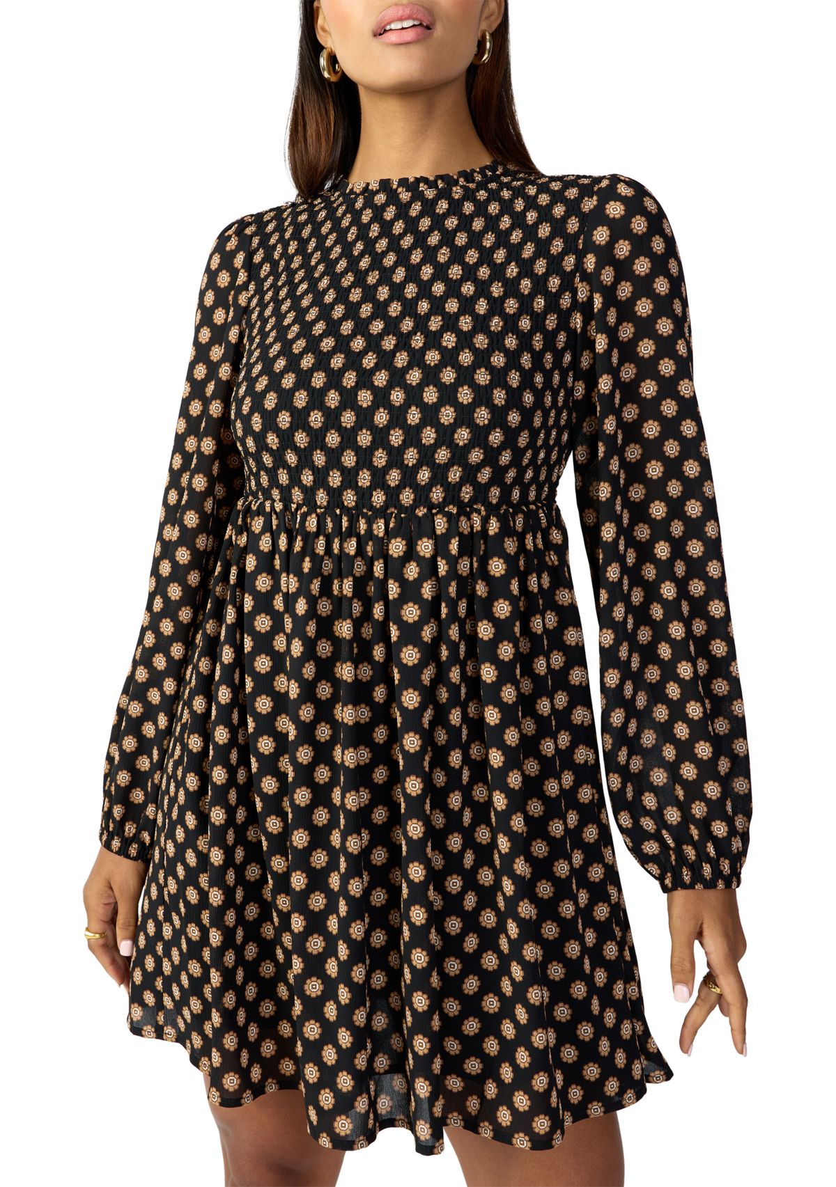 Womens Smocked Printed Babydoll Dress