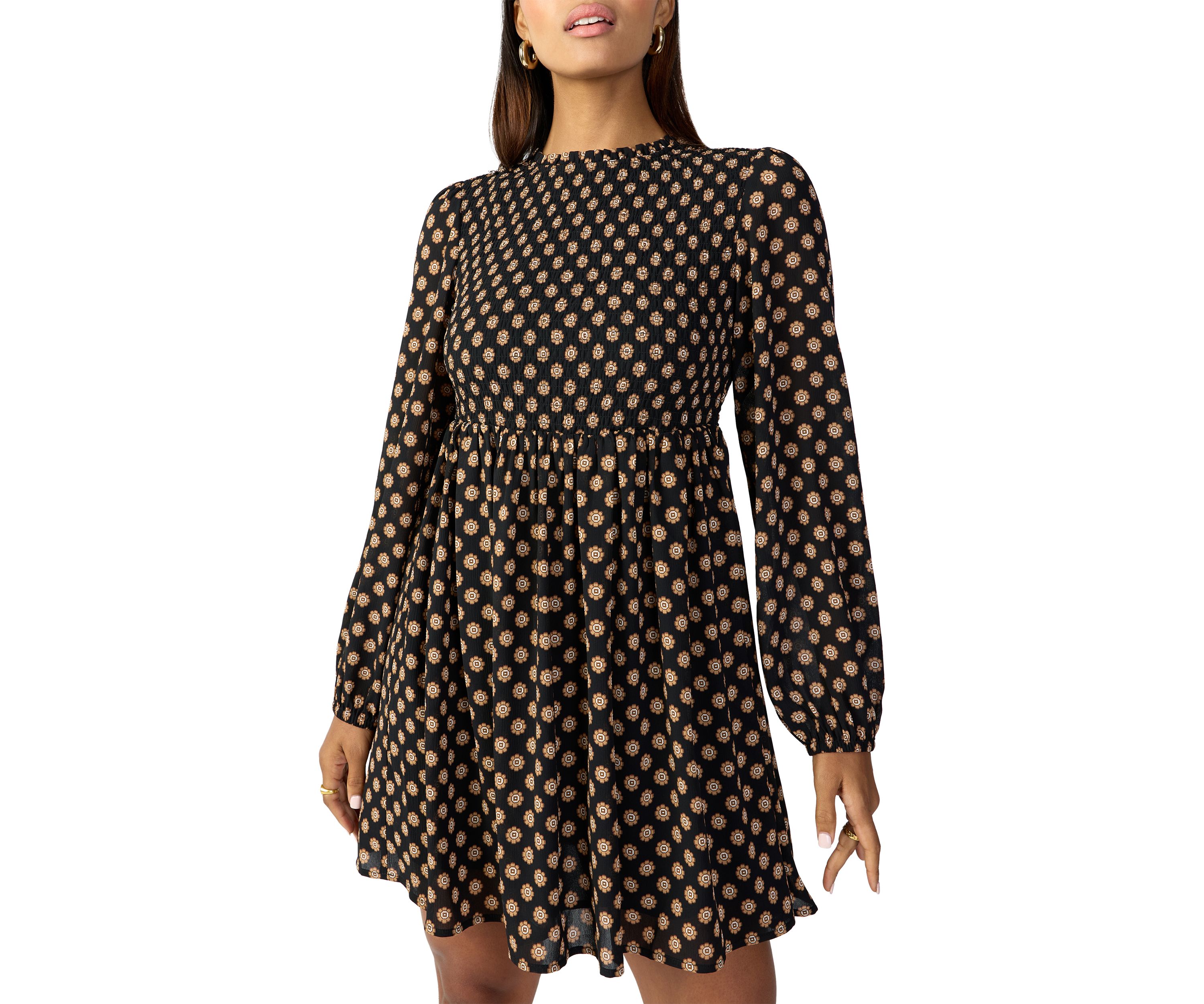 Womens Smocked Printed Babydoll Dress
