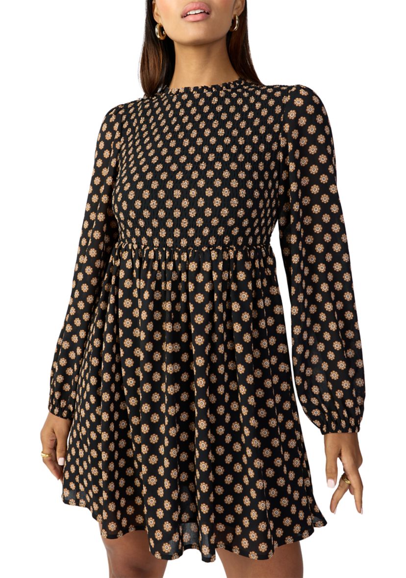 Womens Smocked Printed Babydoll Dress