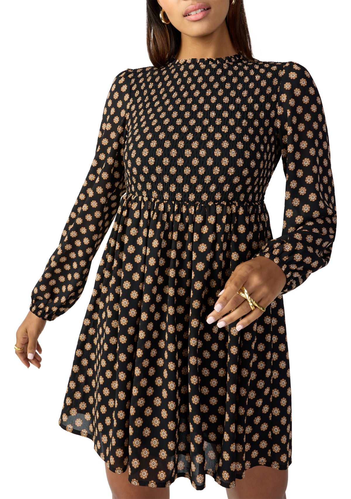 Womens Smocked Printed Babydoll Dress