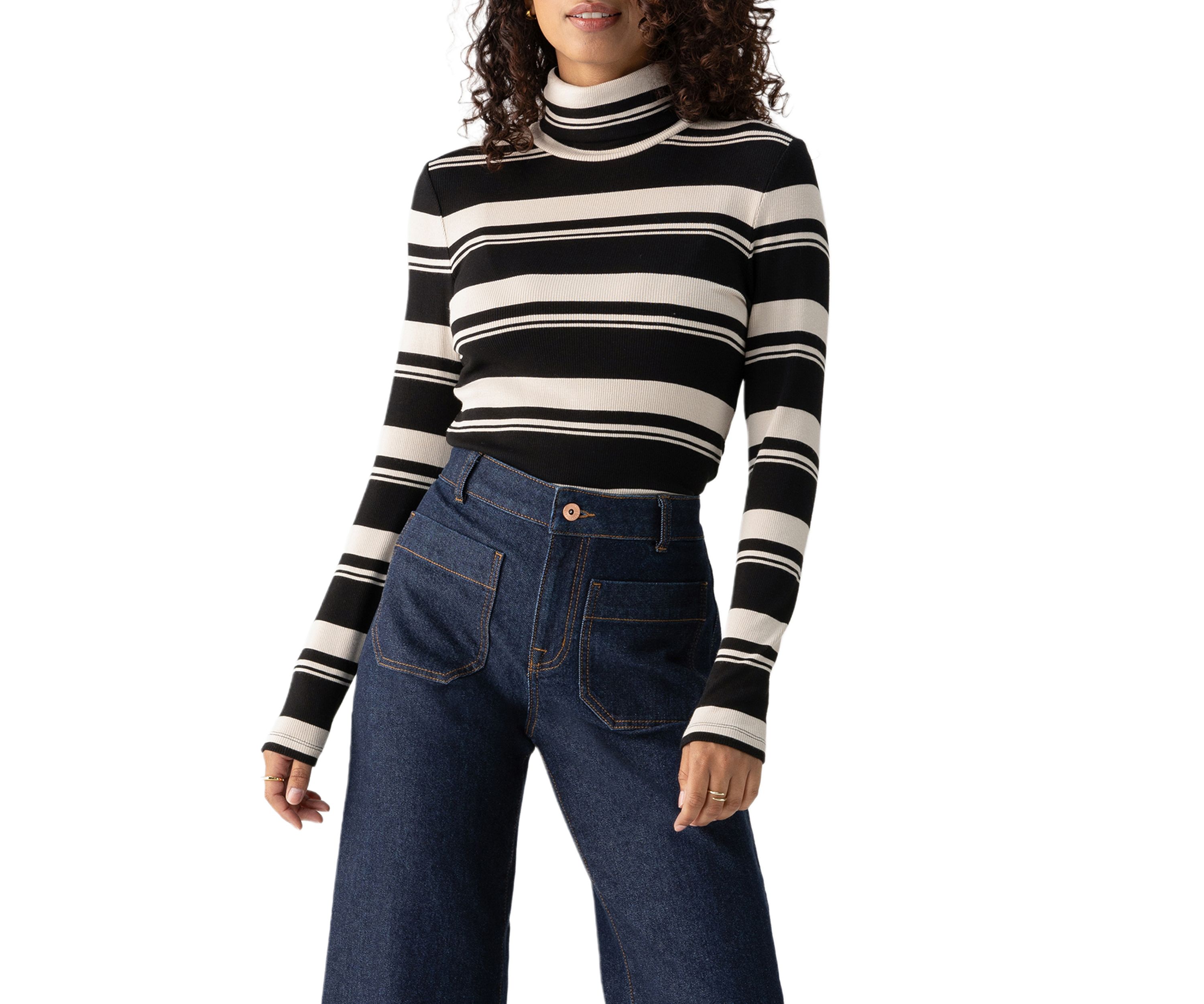 Womens Long Sleeve Stripe Essential Turtleneck Top