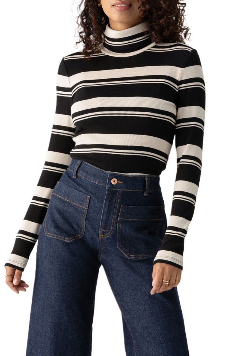 Womens Long Sleeve Stripe Essential Turtleneck Top