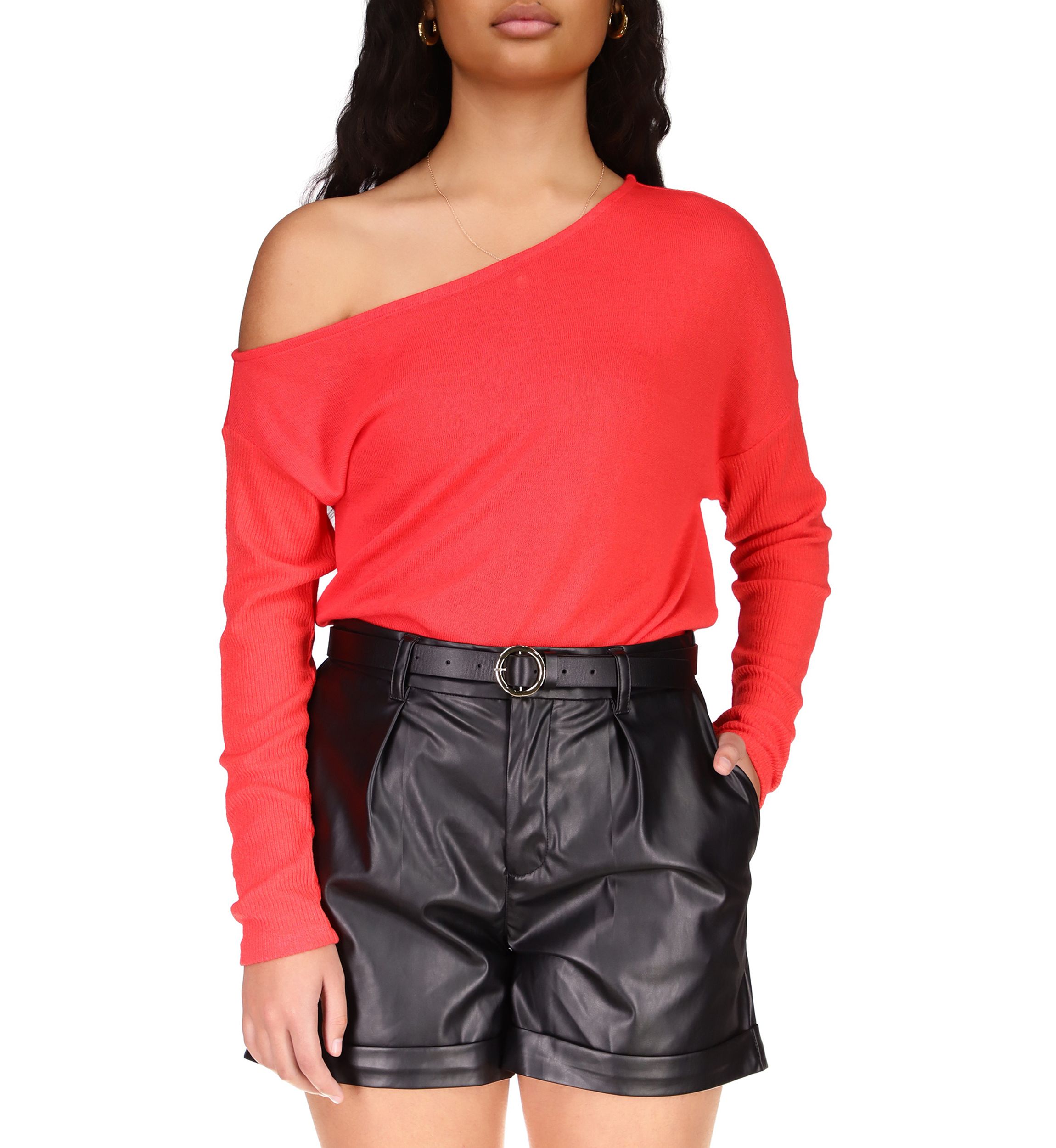 Womens Long Sleeve Asymmetrical Neck Knit Top 