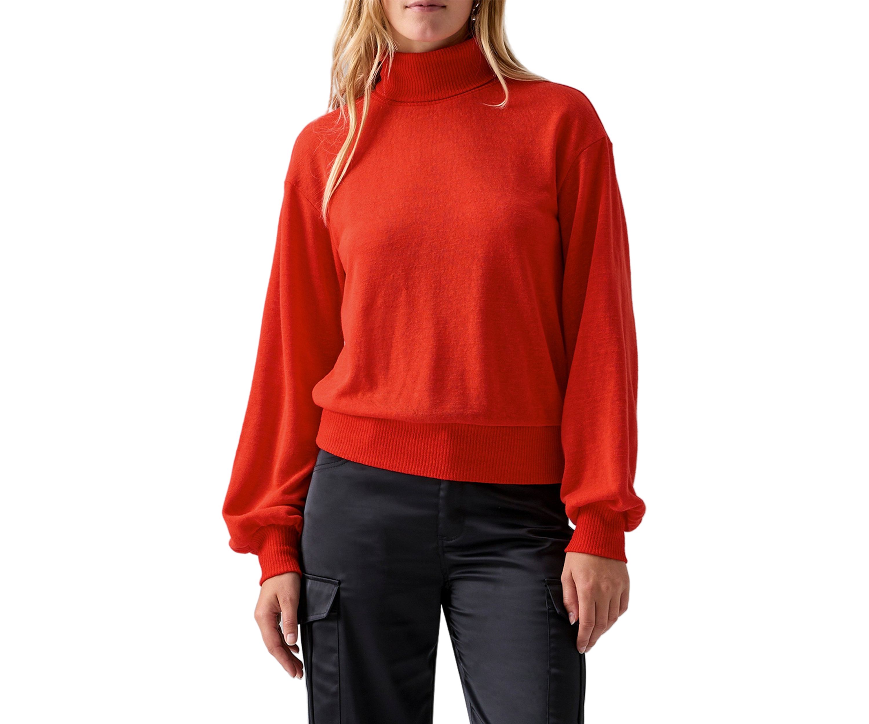 Womens Ruched Blouson Sleeve Turtleneck Top 