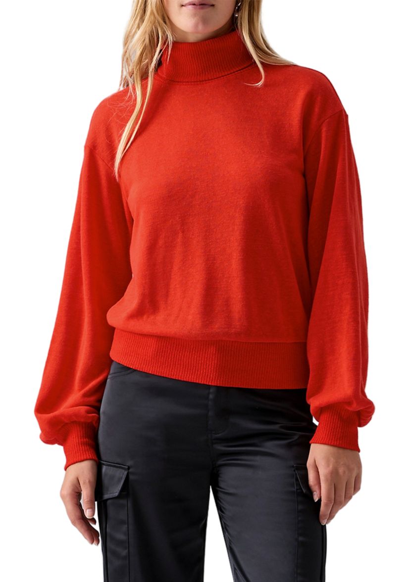 Womens Ruched Blouson Sleeve Turtleneck Top 