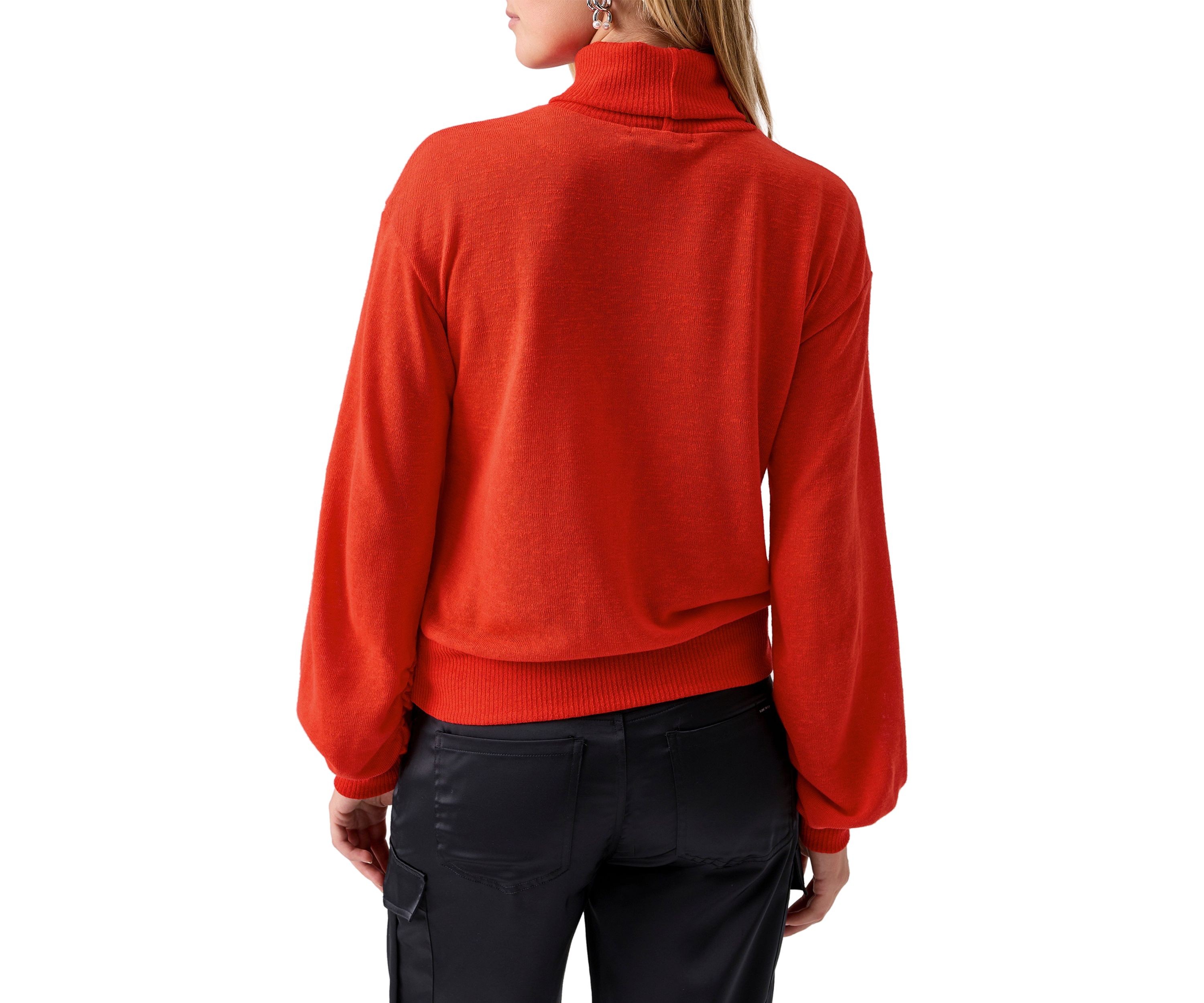 Womens Ruched Blouson Sleeve Turtleneck Top 