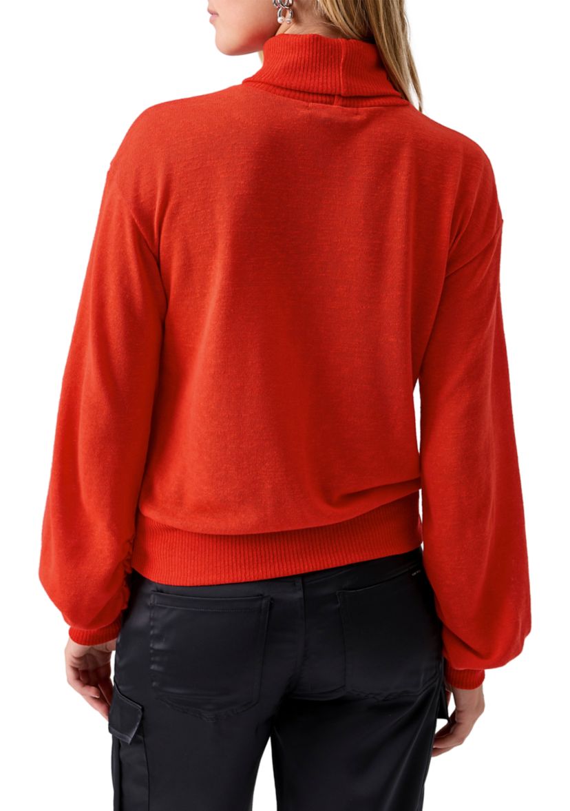 Womens Ruched Blouson Sleeve Turtleneck Top 