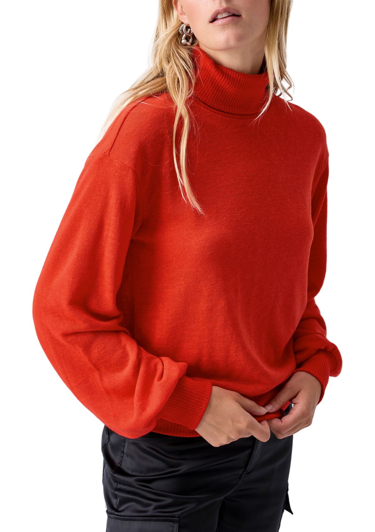Womens Ruched Blouson Sleeve Turtleneck Top 