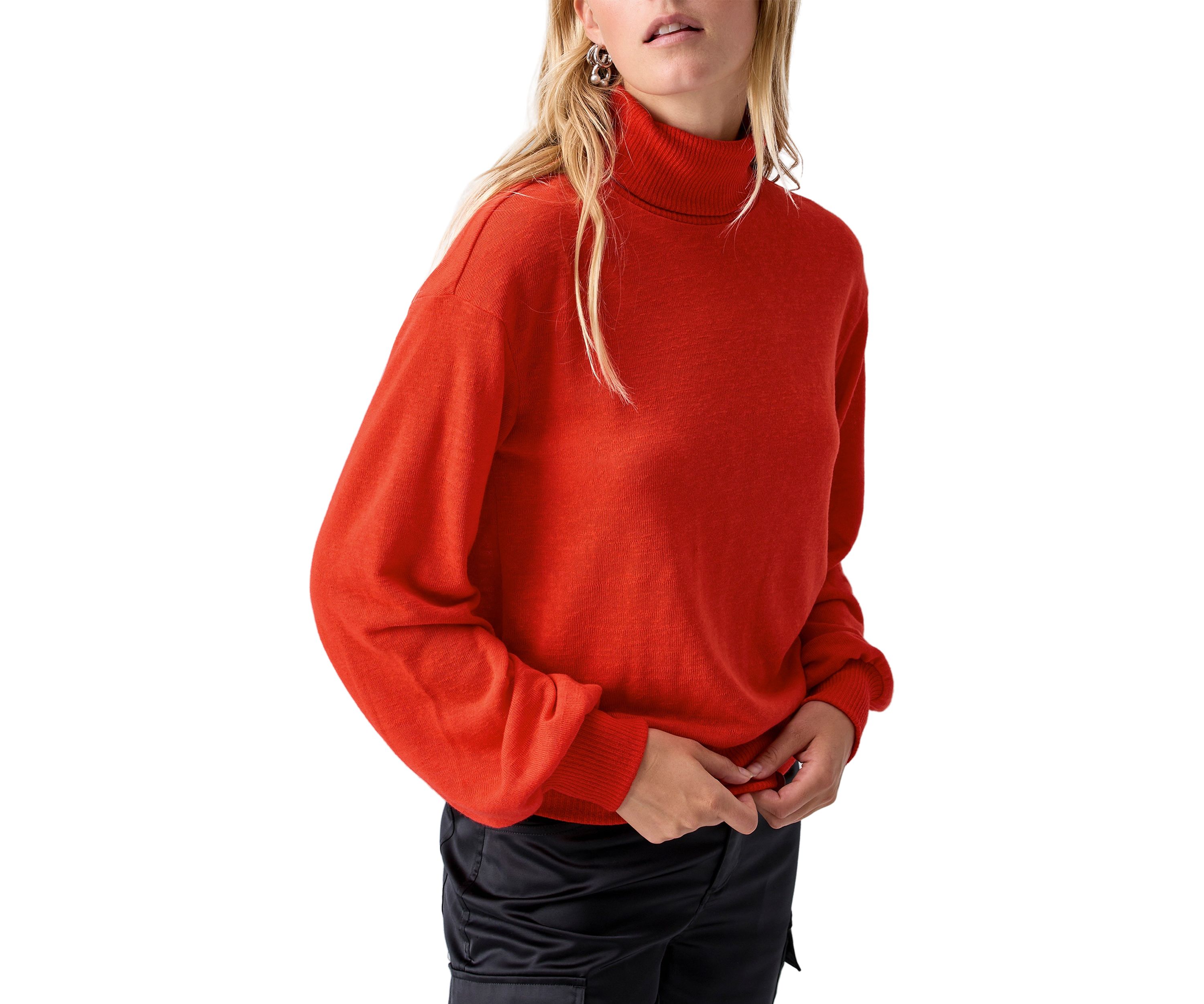 Womens Ruched Blouson Sleeve Turtleneck Top 