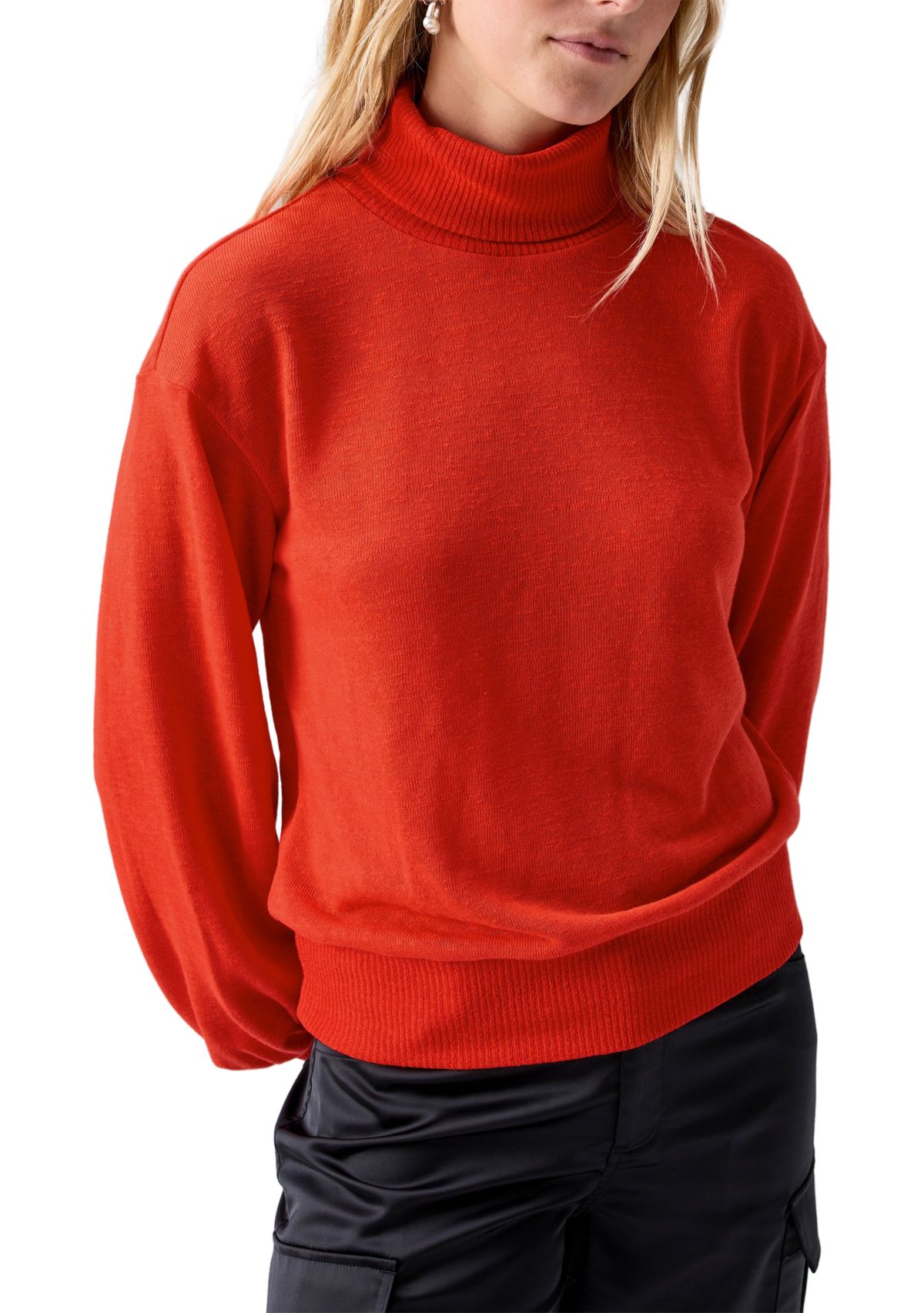 Womens Ruched Blouson Sleeve Turtleneck Top 