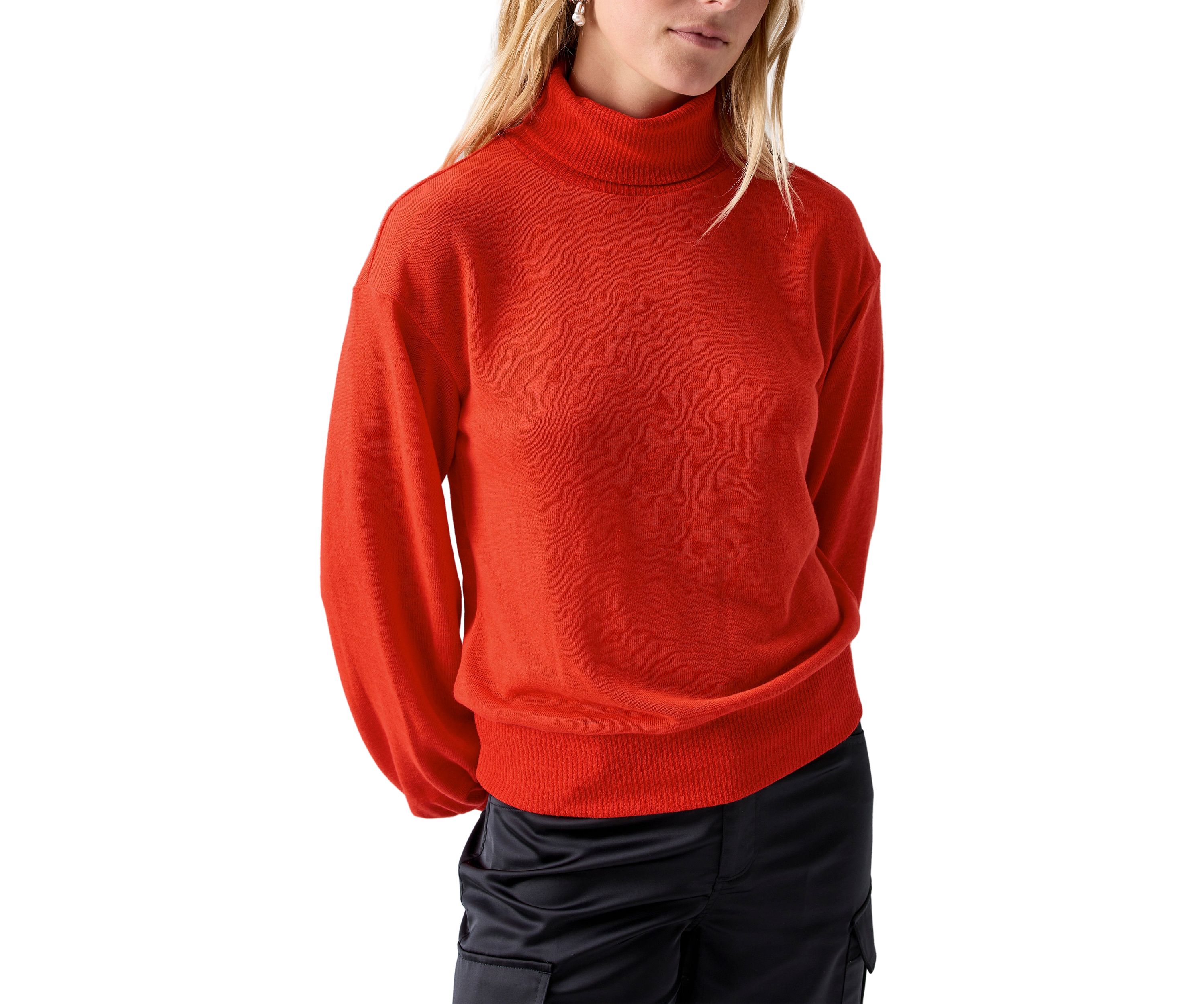 Womens Ruched Blouson Sleeve Turtleneck Top 