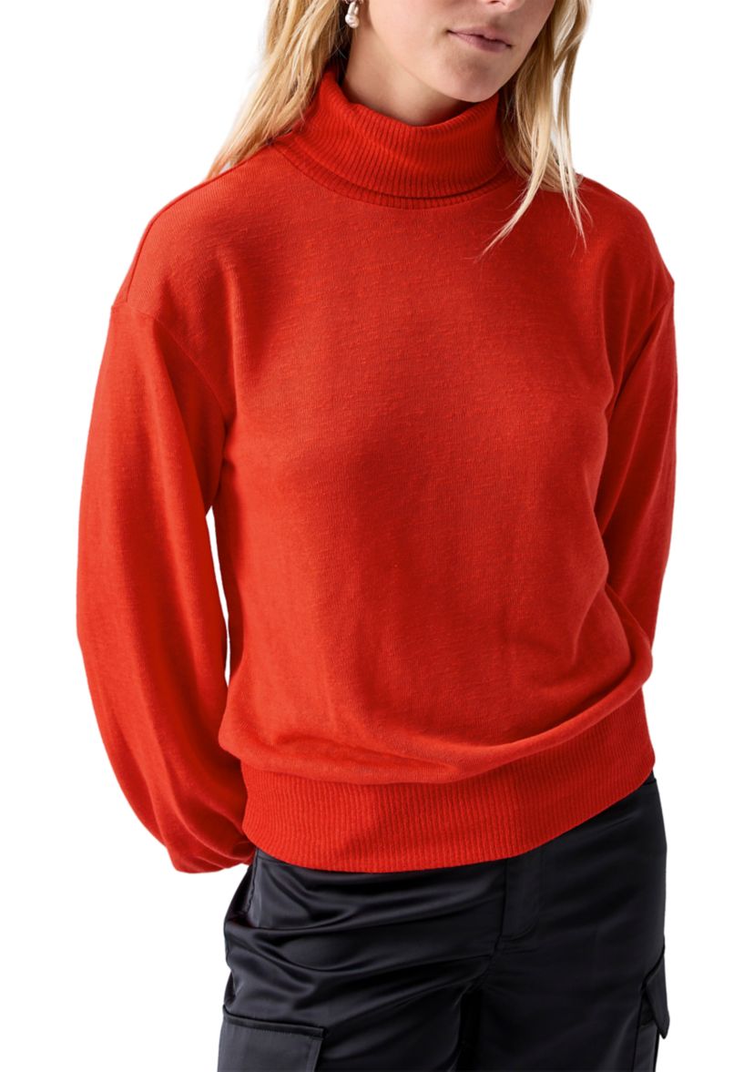 Womens Ruched Blouson Sleeve Turtleneck Top 