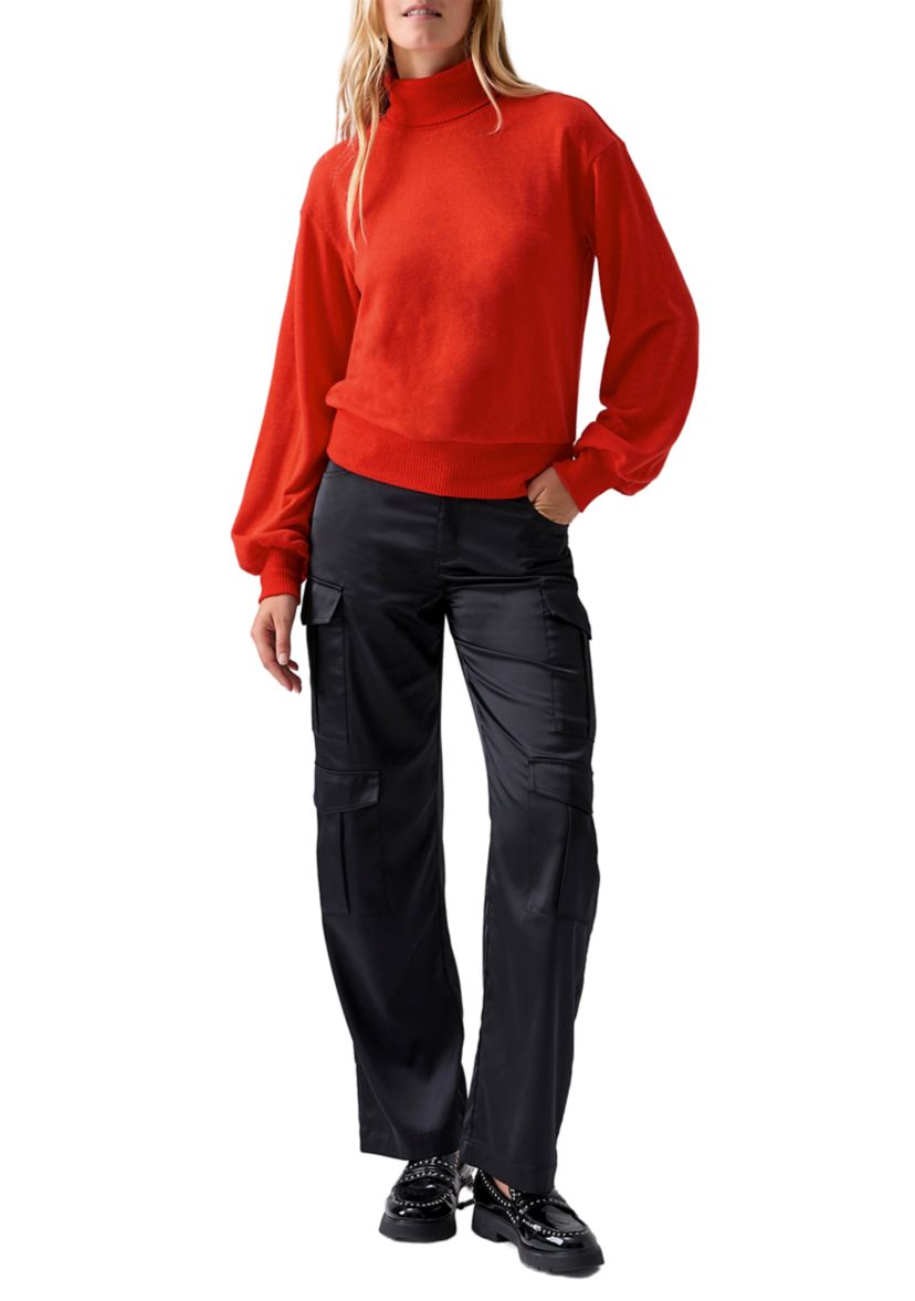 Womens Ruched Blouson Sleeve Turtleneck Top 
