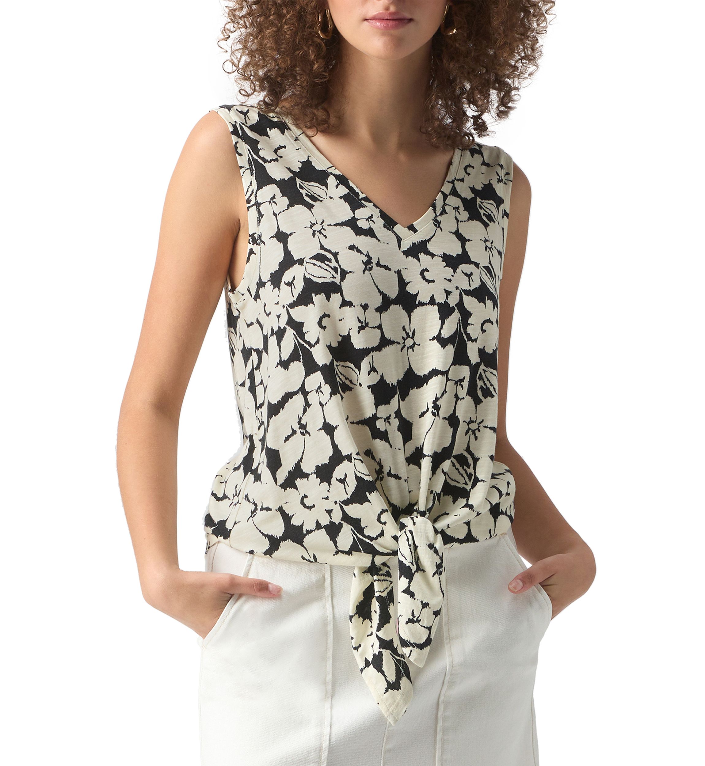 Womens Printed V-Neck Tie Front Top