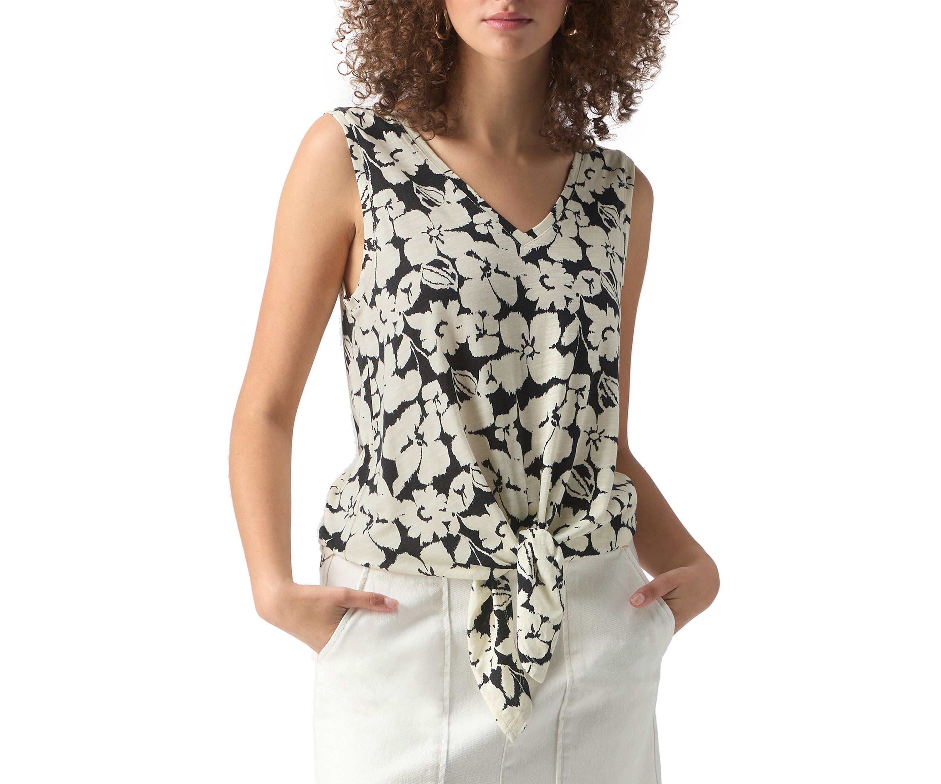 Womens Printed V-Neck Tie Front Top
