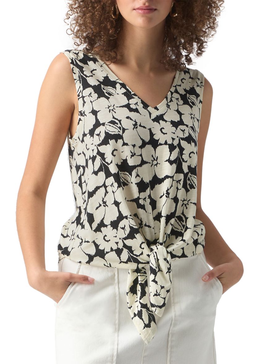 Womens Printed V-Neck Tie Front Top