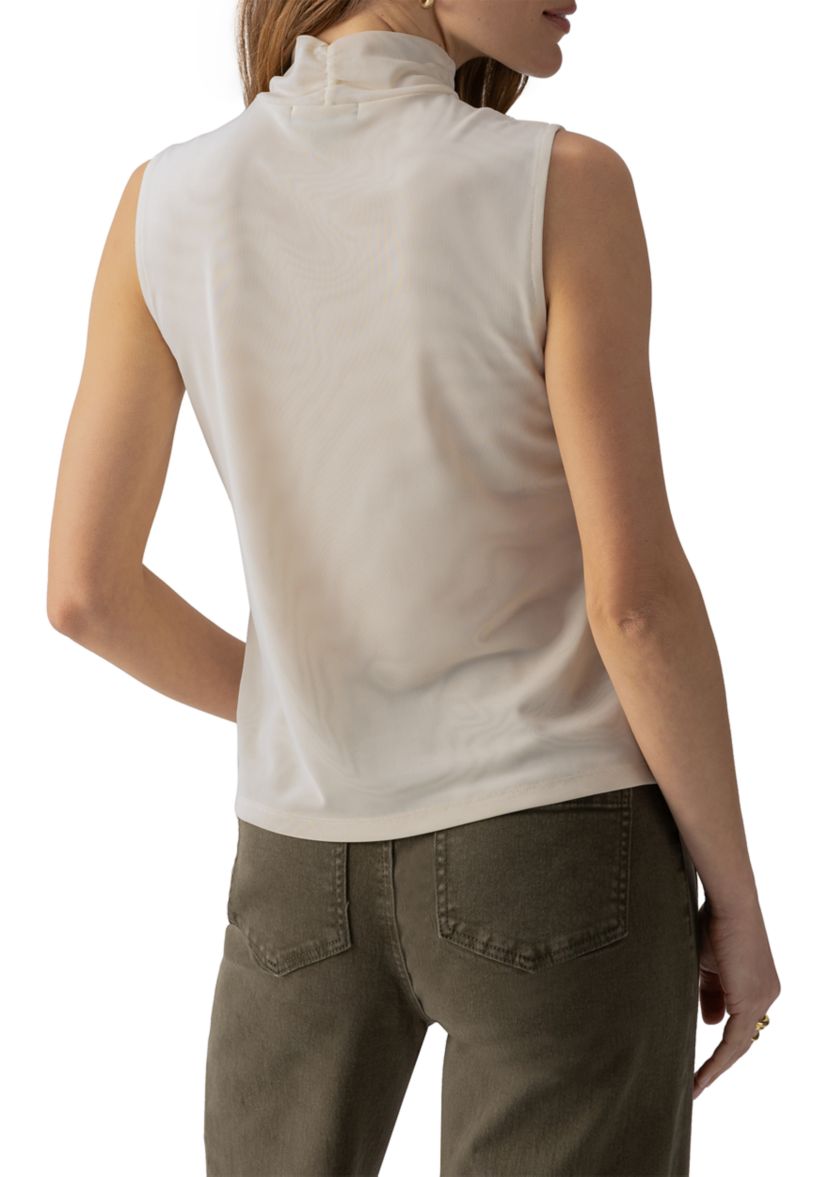 Womens Shirred Mock Neck Mesh Tank Top